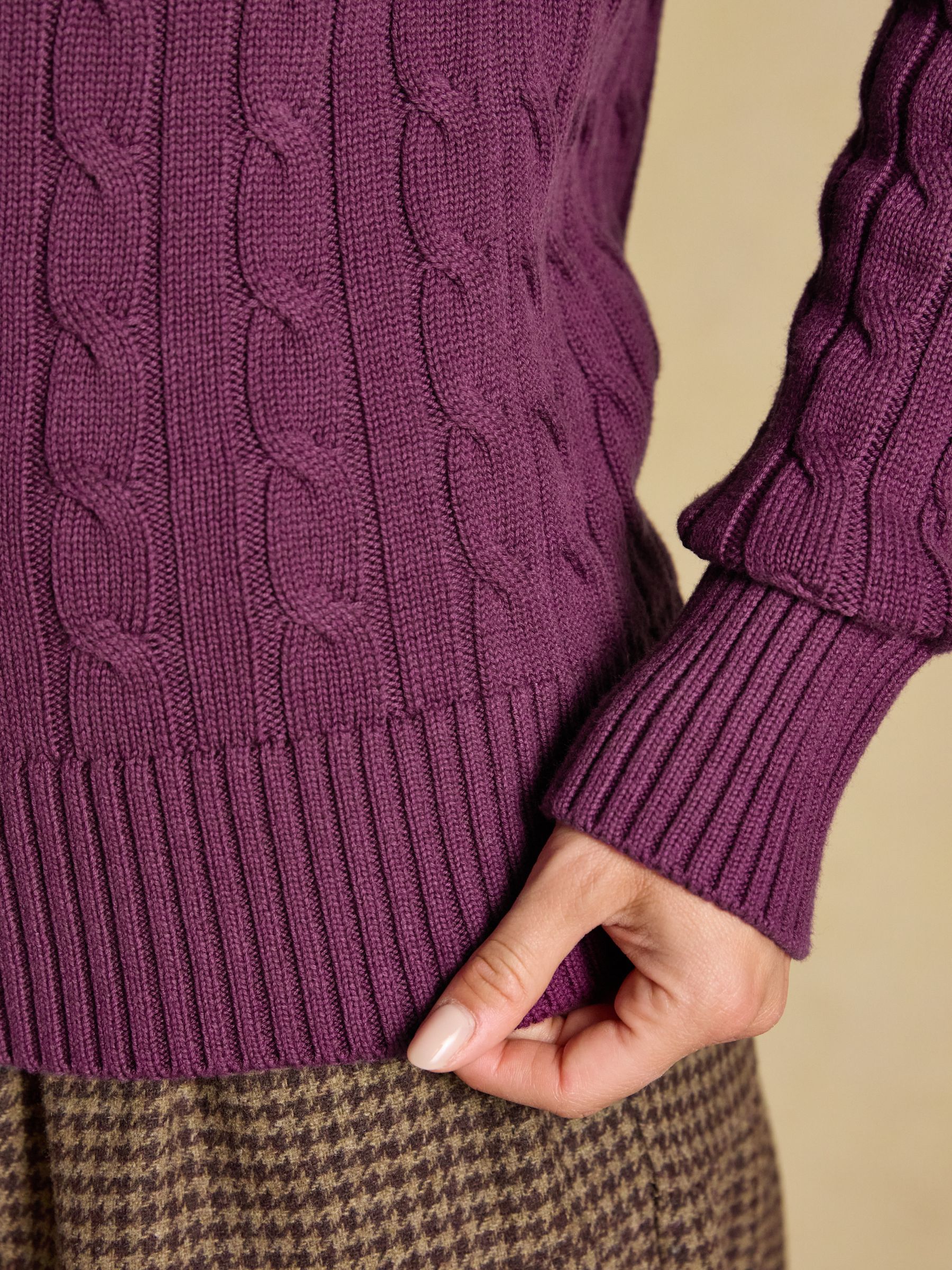 Purple Berry Classic Crew Neck Cotton Cable Knit Jumper - Image 4 of 7