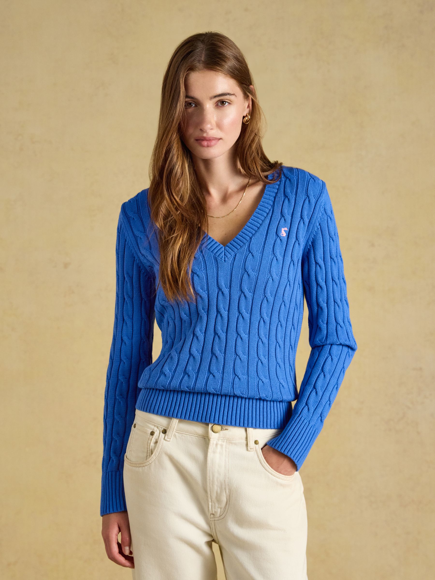 Blue Classic V-Neck Cotton Cable Knit Jumper - Image 1 of 8