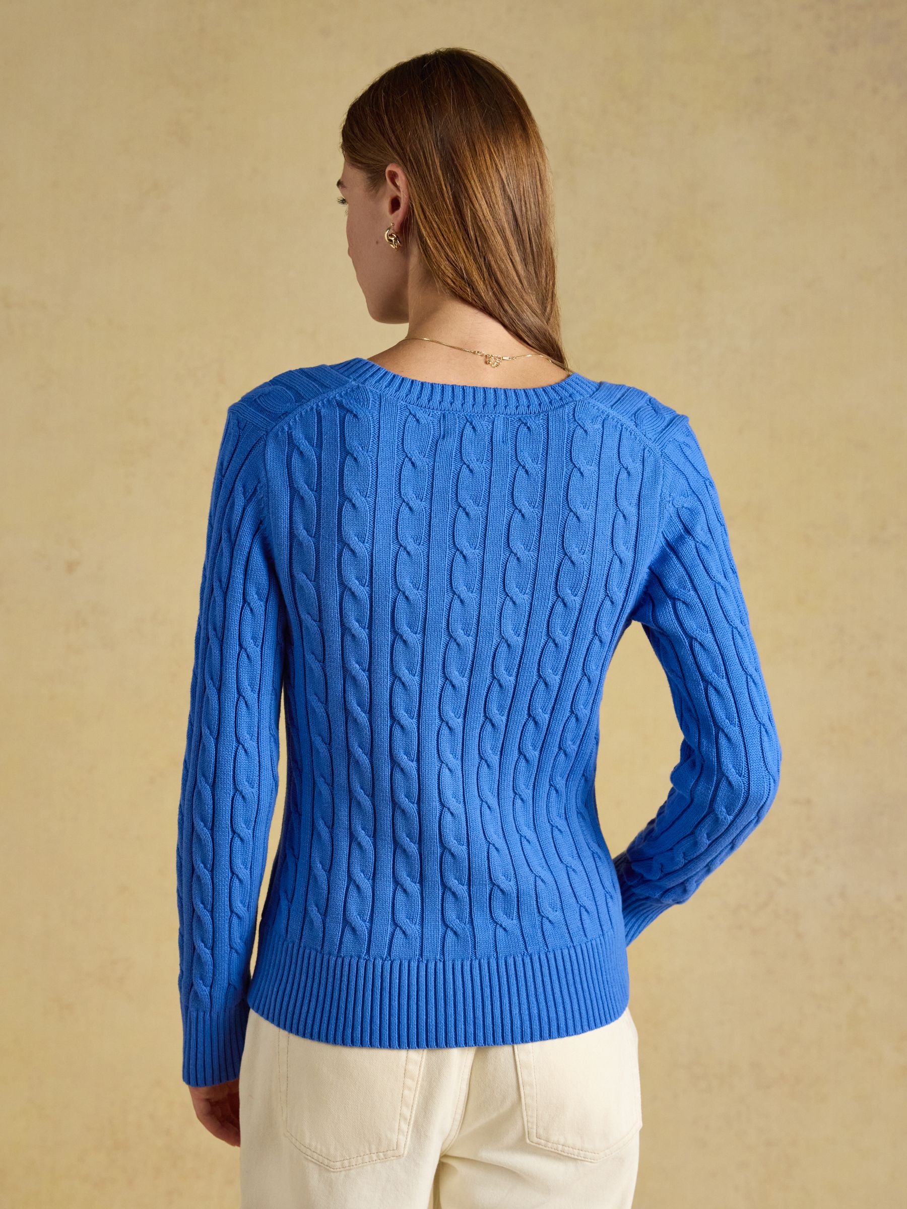 Blue Classic V-Neck Cotton Cable Knit Jumper - Image 2 of 8