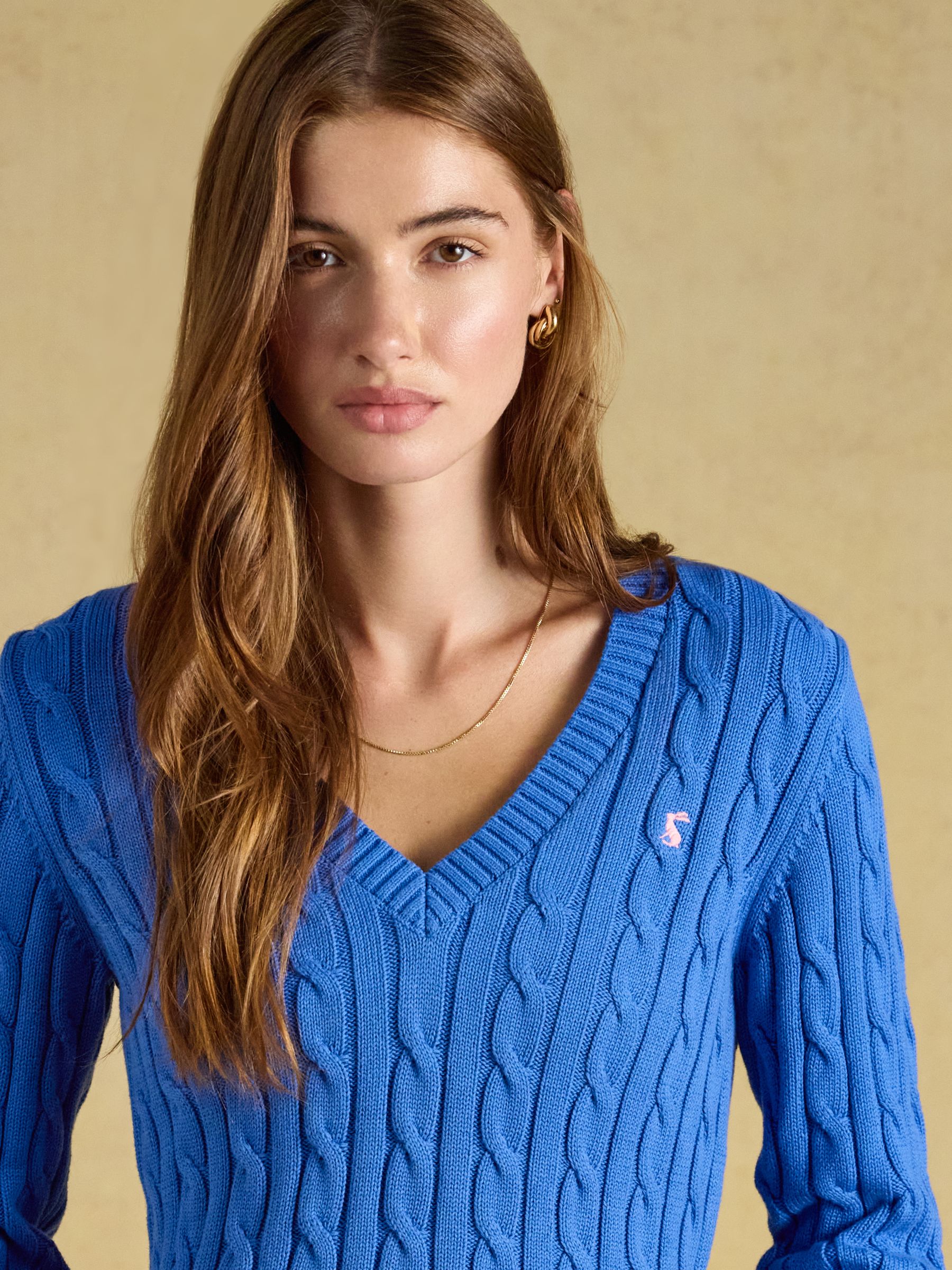 Blue Classic V-Neck Cotton Cable Knit Jumper - Image 6 of 8