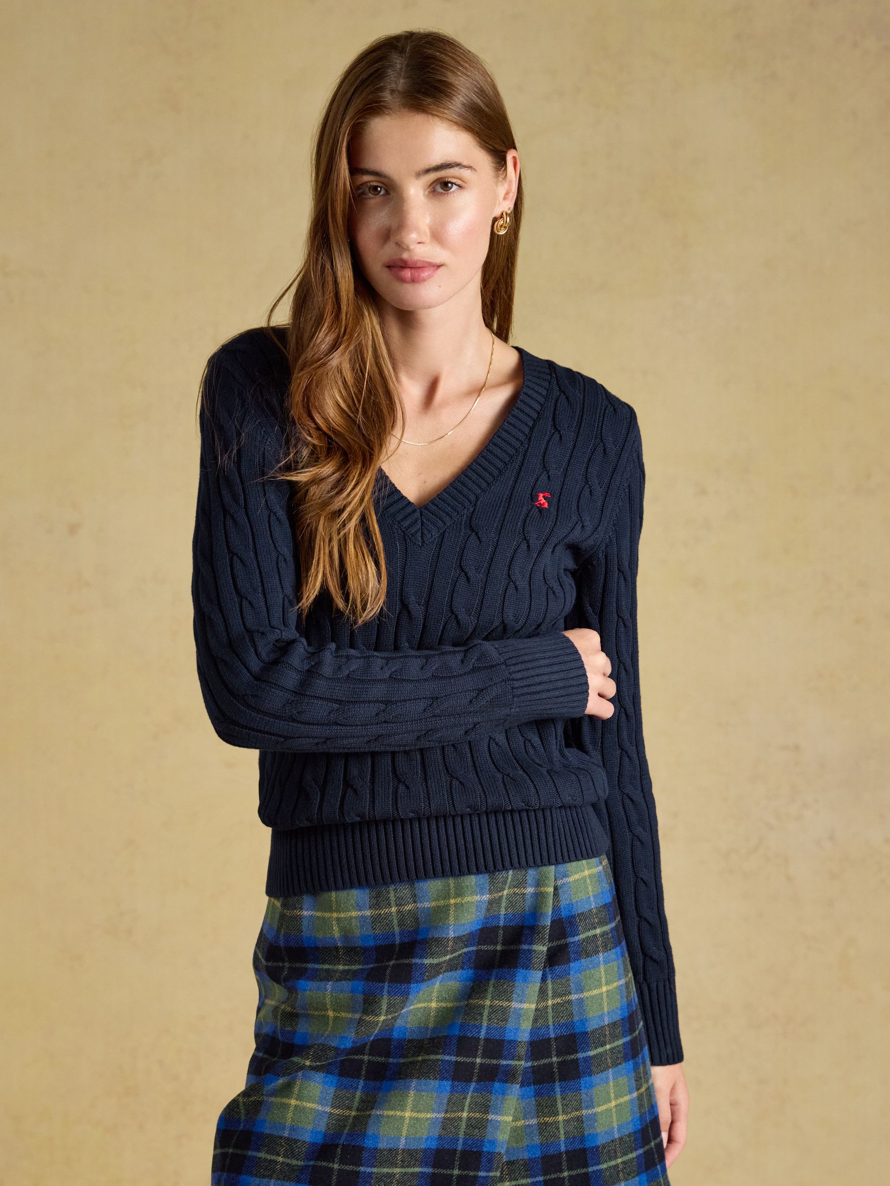 Navy Classic V-Neck Cotton Cable Knit Jumper - Image 1 of 7