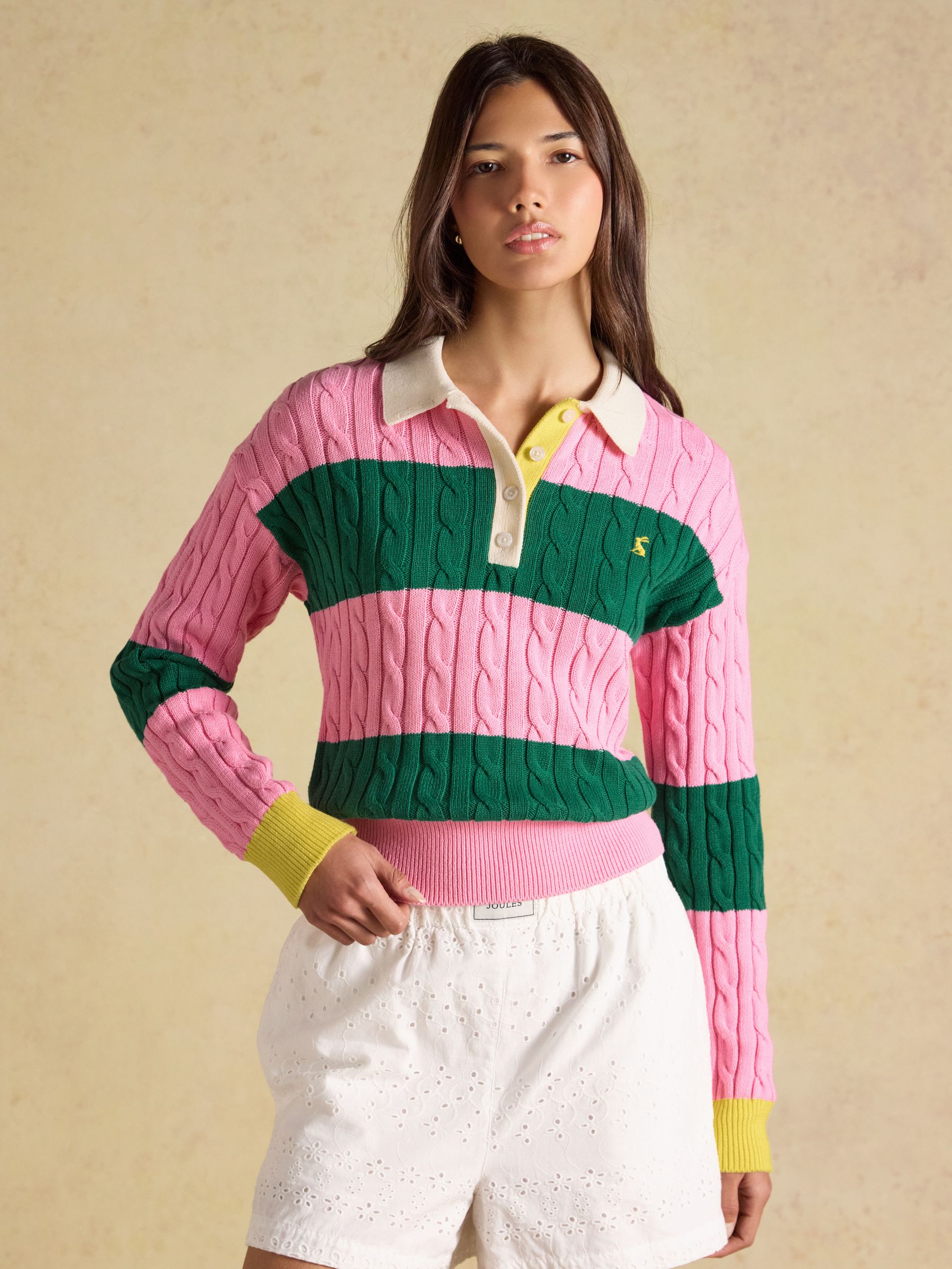 Pink & Green Striped Cotton Cable Knit Rugby Jumper - Image 2 of 8