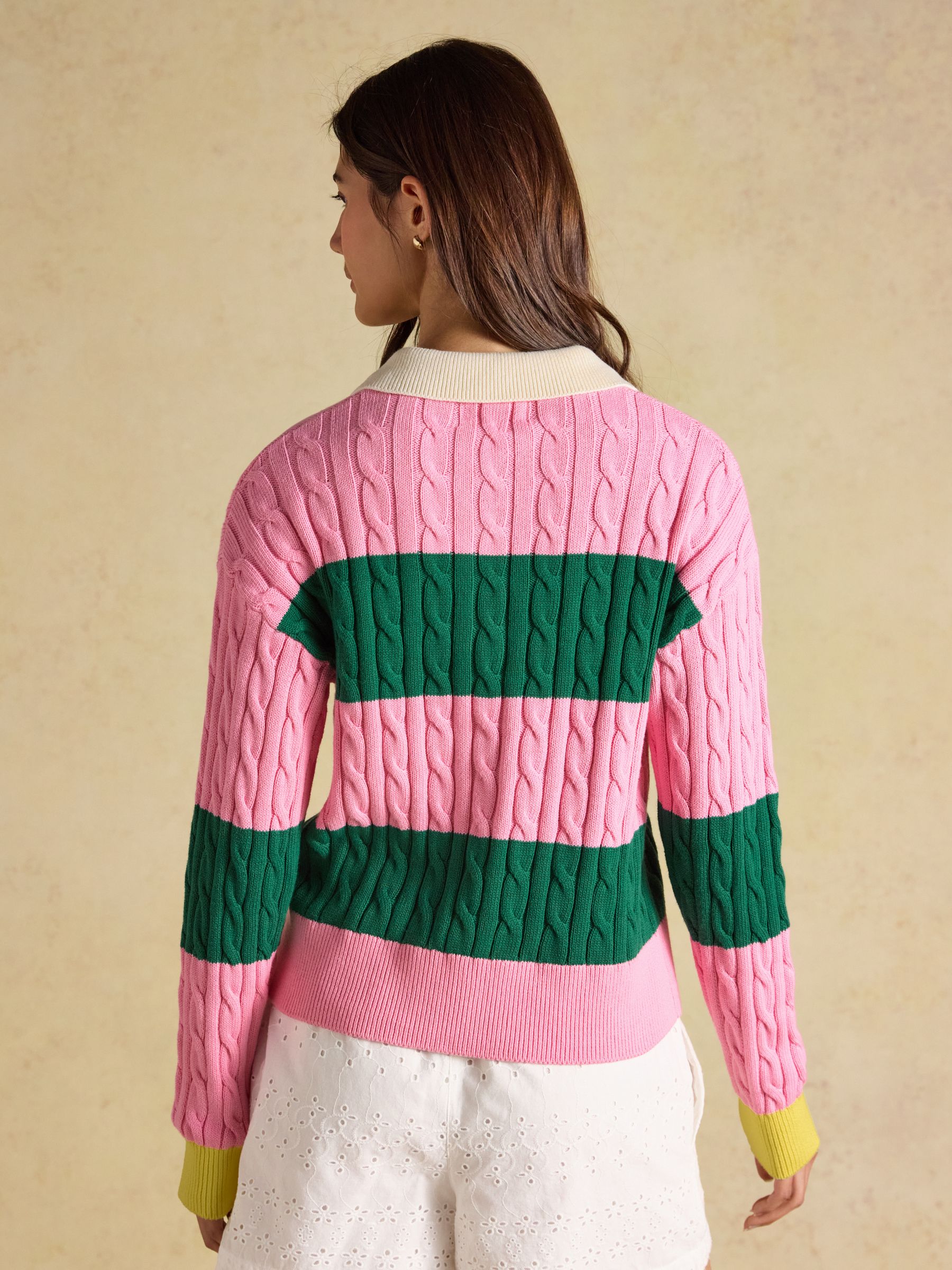 Pink & Green Striped Cotton Cable Knit Rugby Jumper - Image 3 of 8