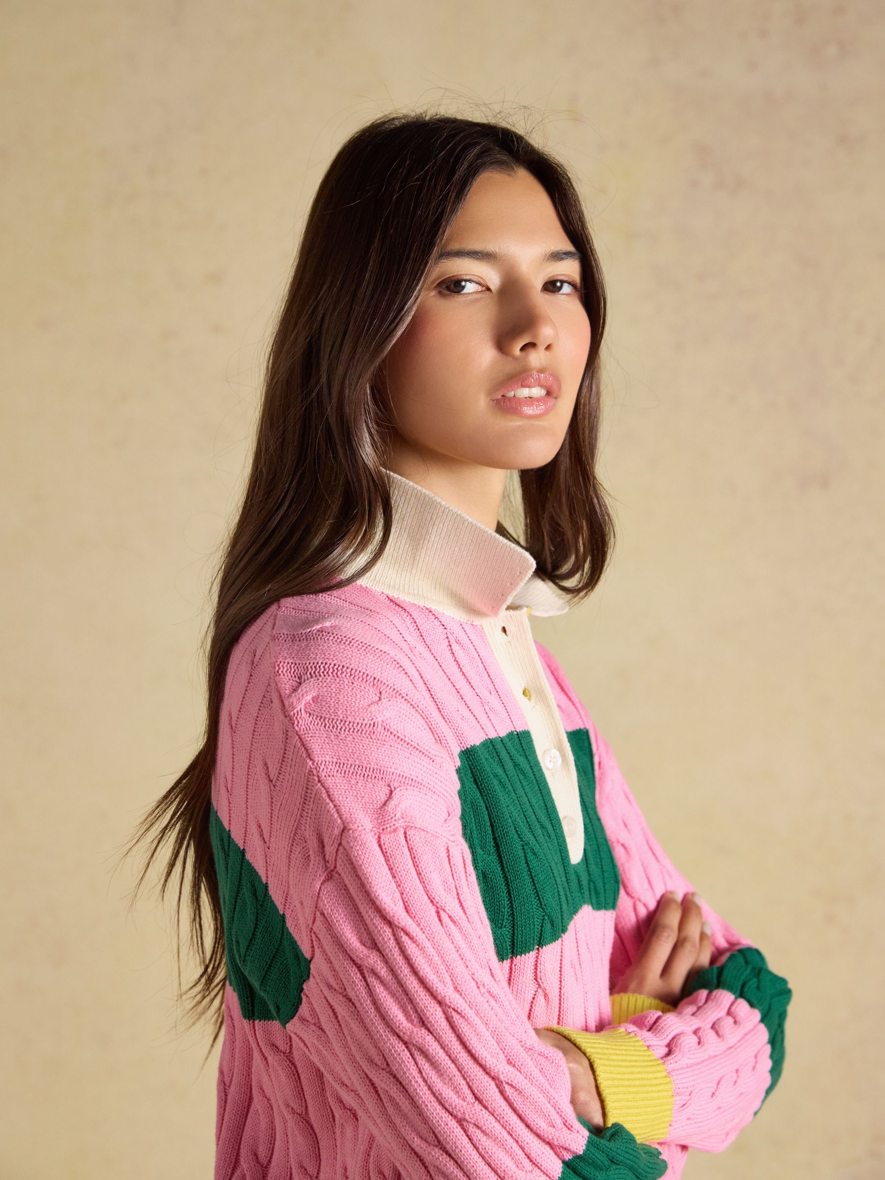 Pink & Green Striped Cotton Cable Knit Rugby Jumper - Image 4 of 8