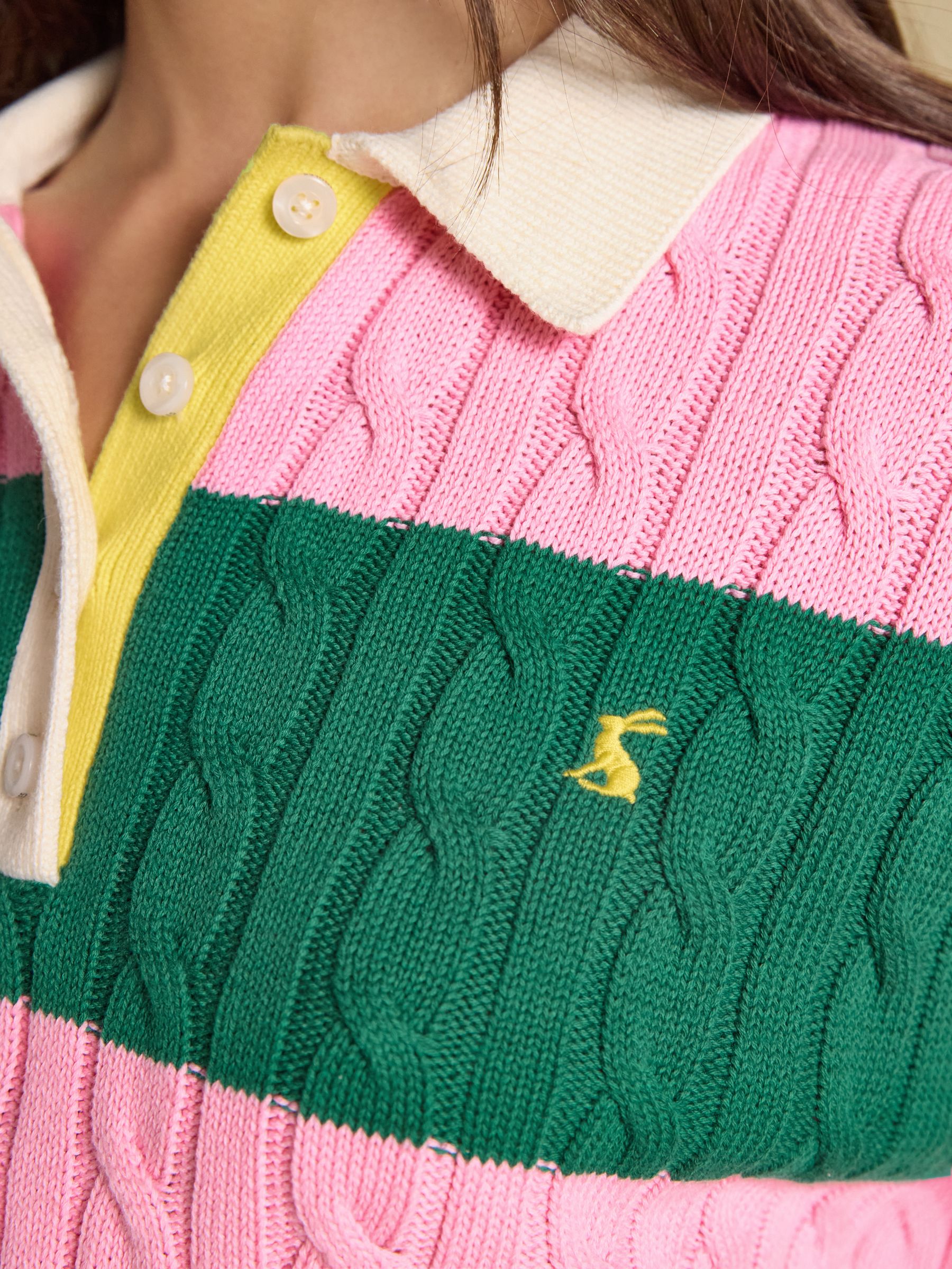 Pink & Green Striped Cotton Cable Knit Rugby Jumper - Image 5 of 8
