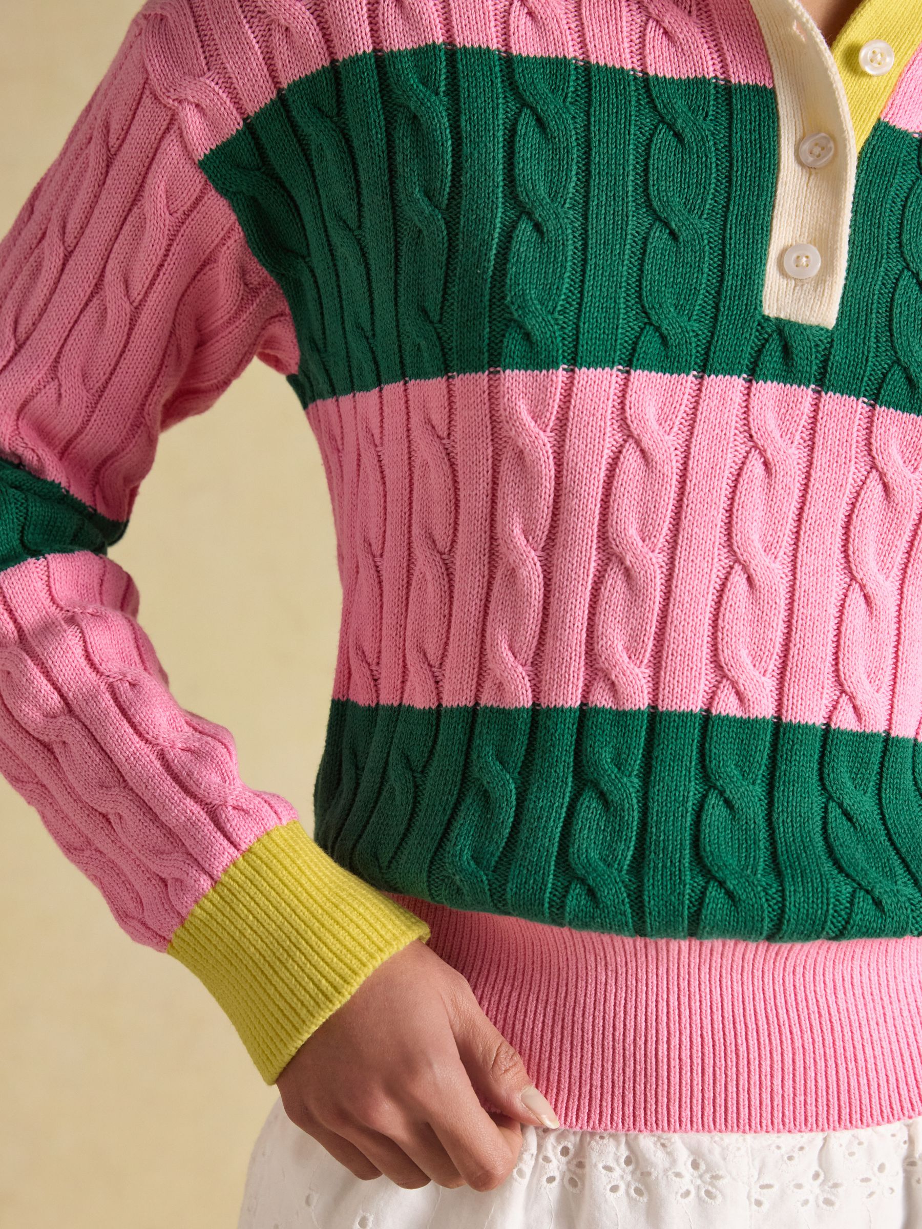 Pink & Green Striped Cotton Cable Knit Rugby Jumper - Image 6 of 8