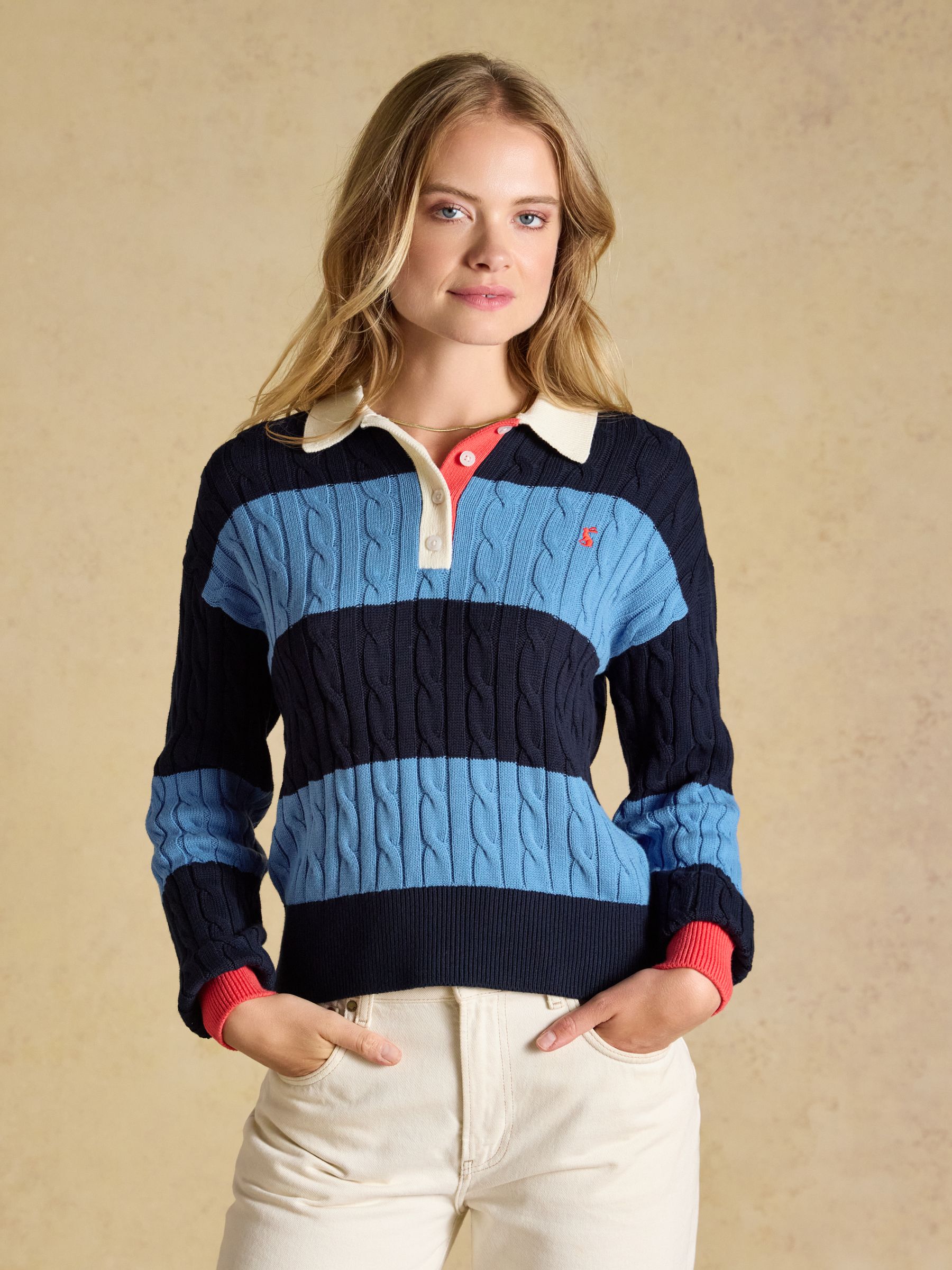 Blue & Navy Striped Cotton Cable Knit Rugby Jumper - Image 1 of 7