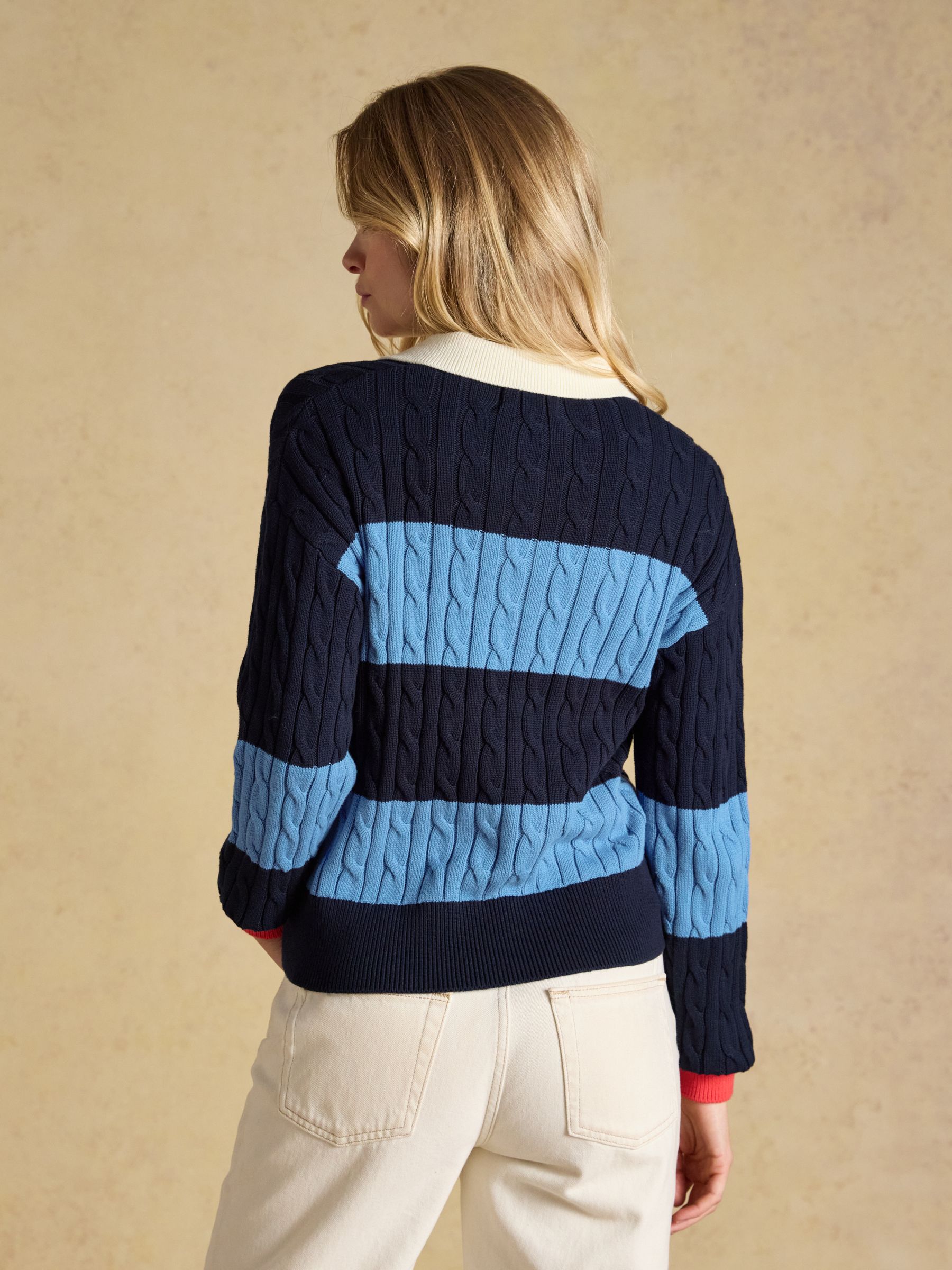 Blue & Navy Striped Cotton Cable Knit Rugby Jumper - Image 2 of 7