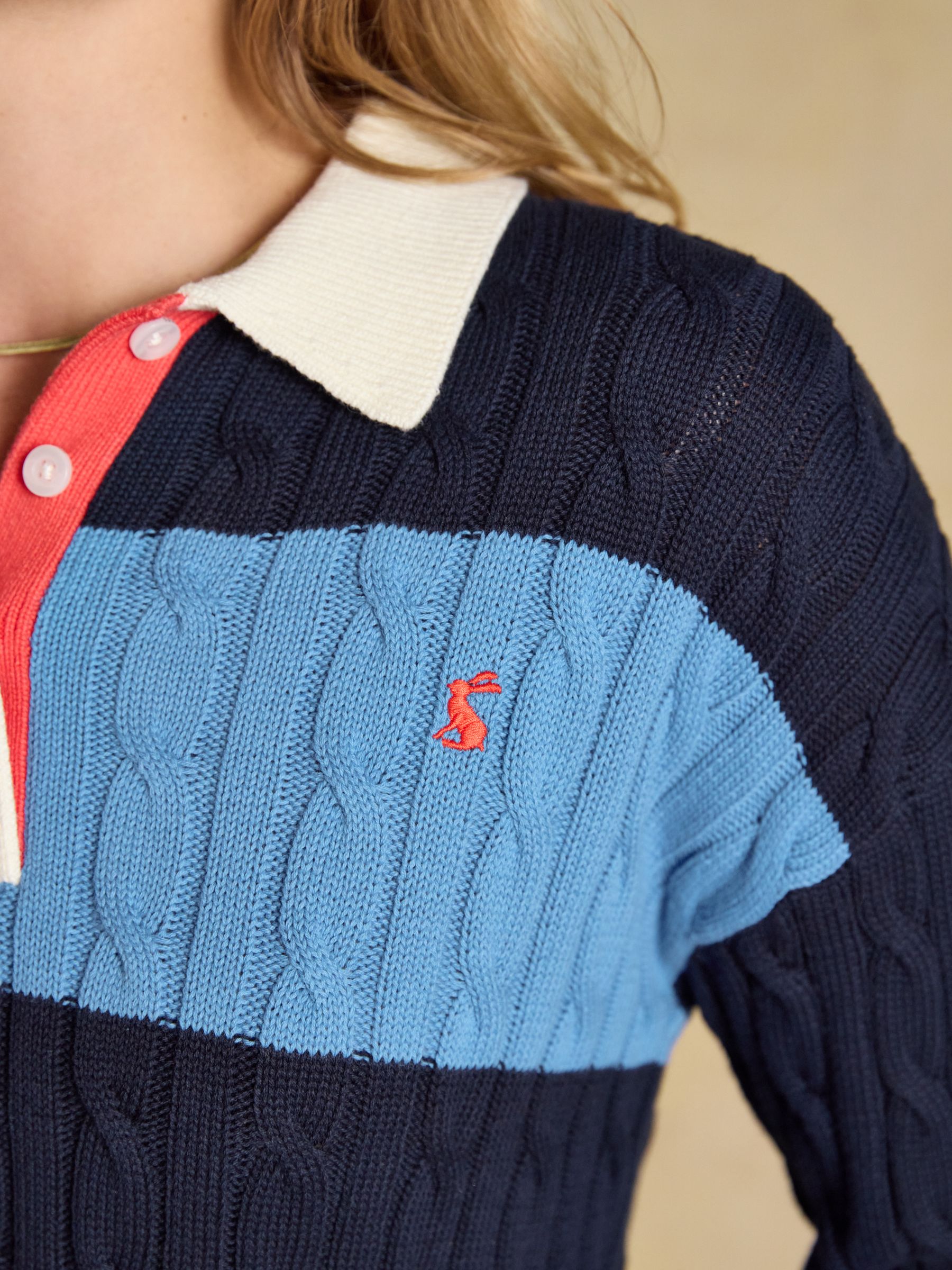 Blue & Navy Striped Cotton Cable Knit Rugby Jumper - Image 3 of 7