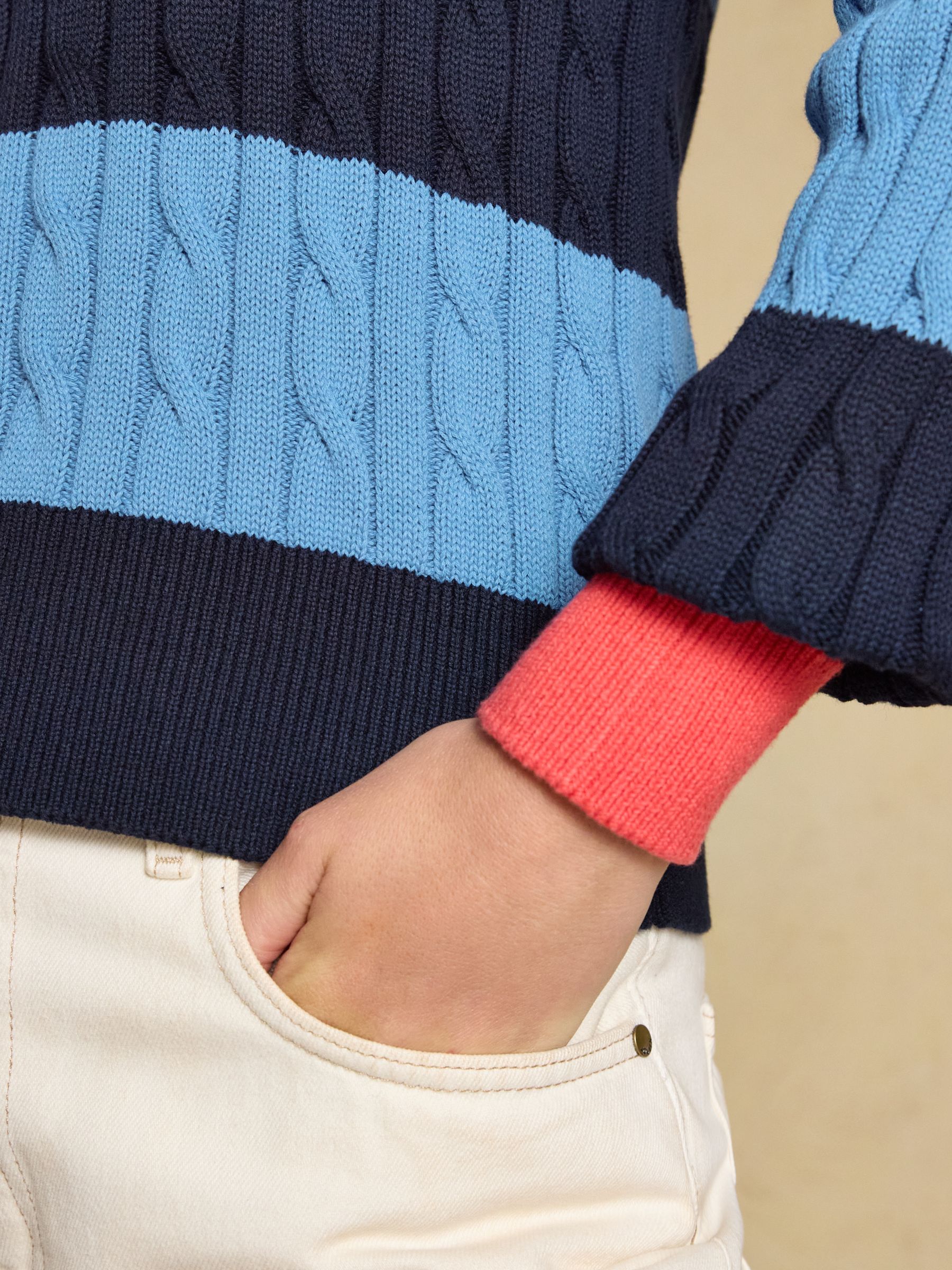 Blue & Navy Striped Cotton Cable Knit Rugby Jumper - Image 5 of 7