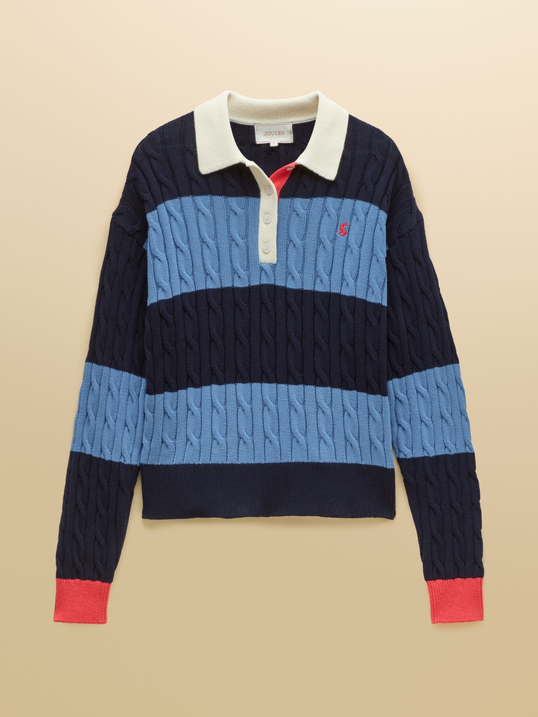 Blue & Navy Striped Cotton Cable Knit Rugby Jumper - Image 7 of 7