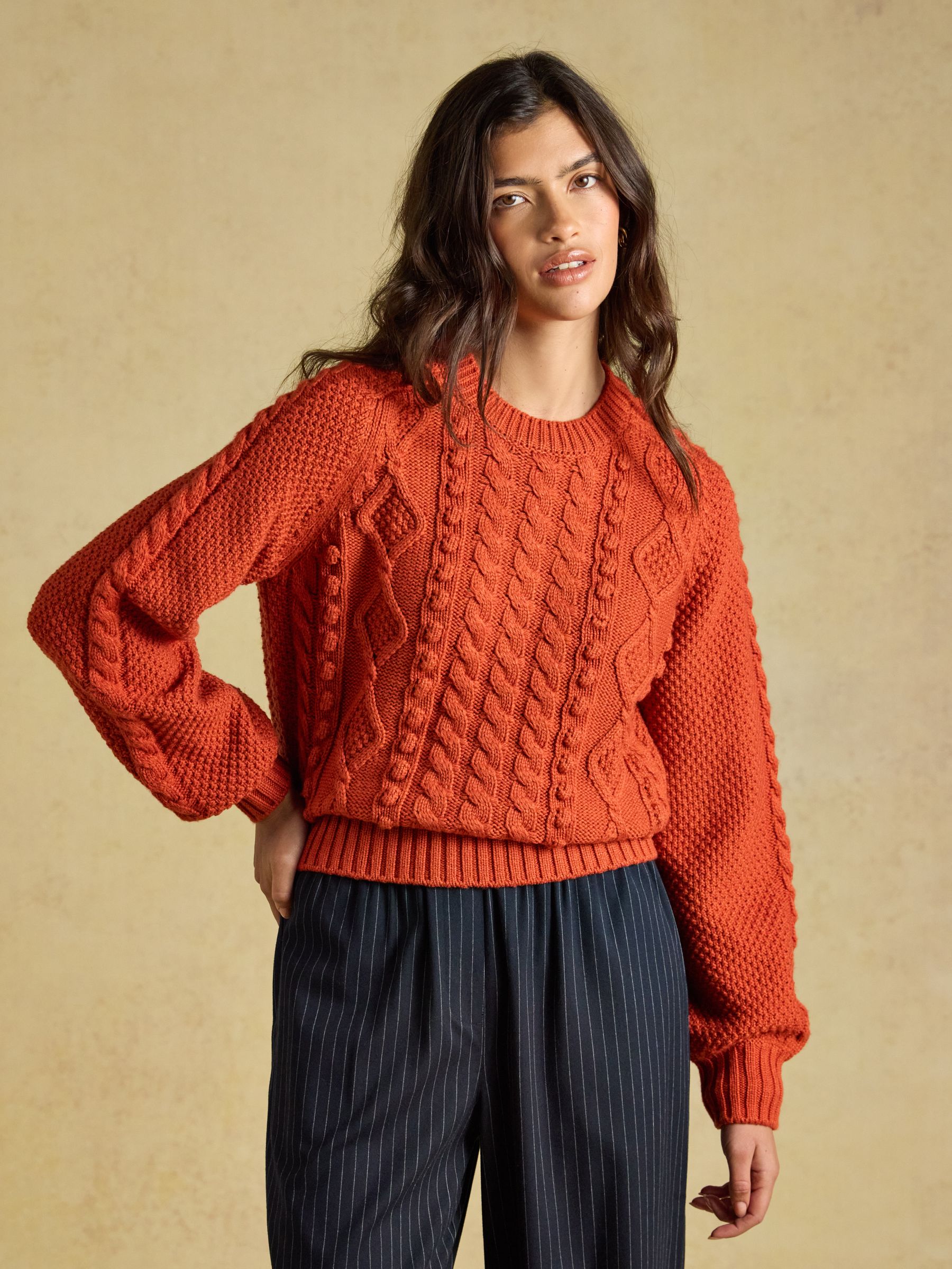 Rafferty Burnt Orange Cable Knit Crew Neck Jumper - Image 1 of 7