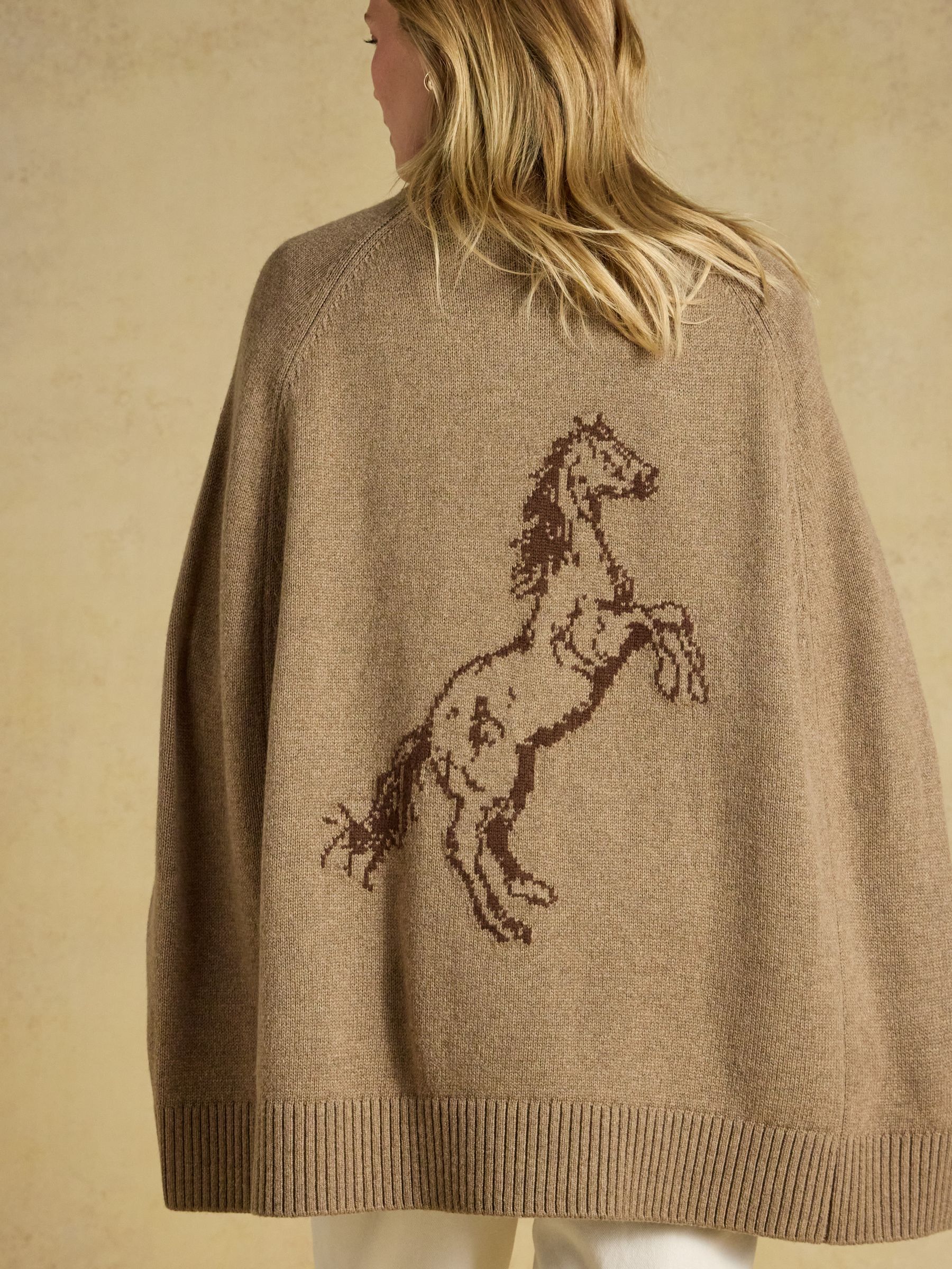 Joules Tan Brown Horse Wool Blend High Neck Knitted Cape - Image 2 of 7