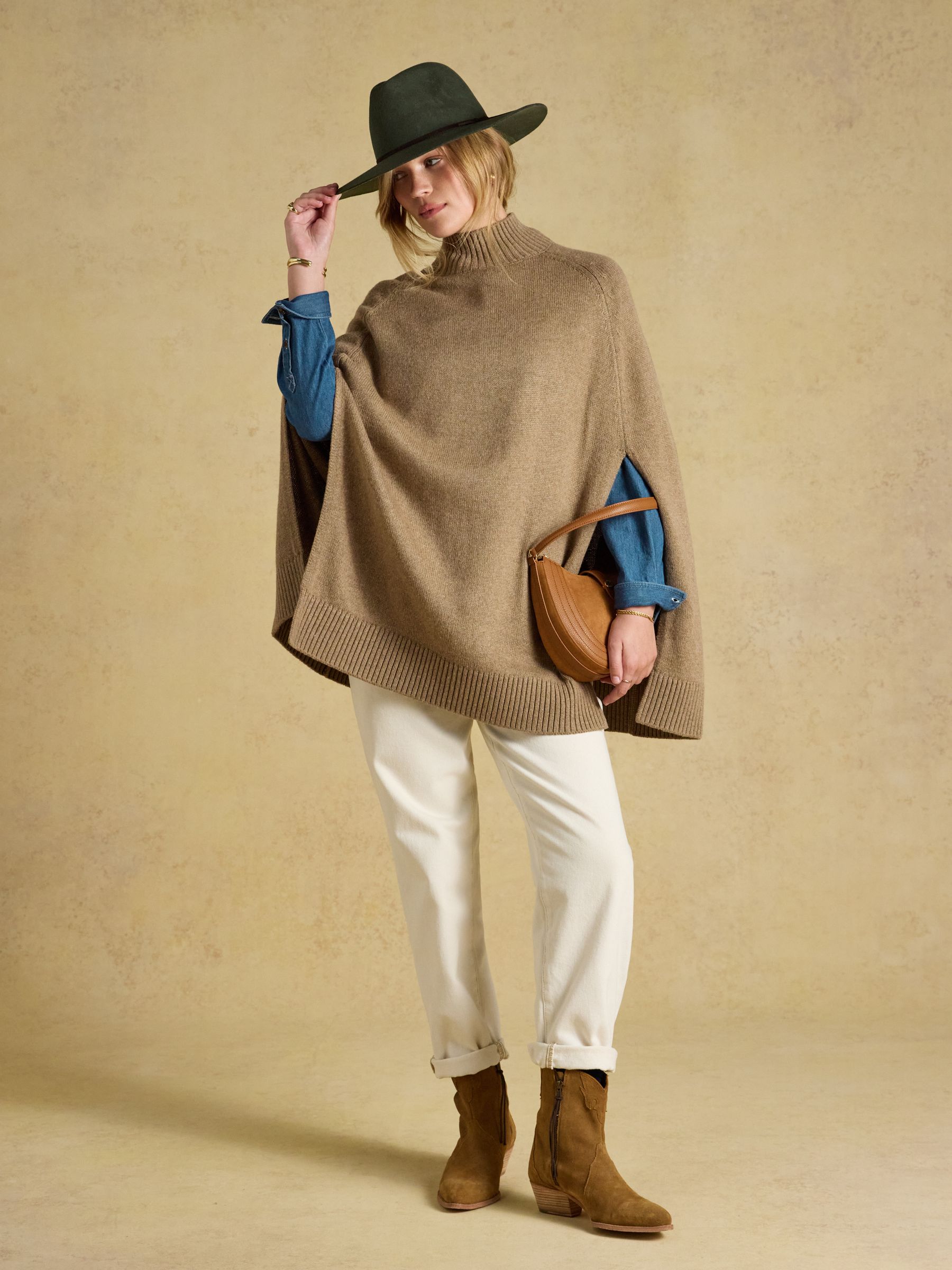 Joules Tan Brown Horse Wool Blend High Neck Knitted Cape - Image 3 of 7