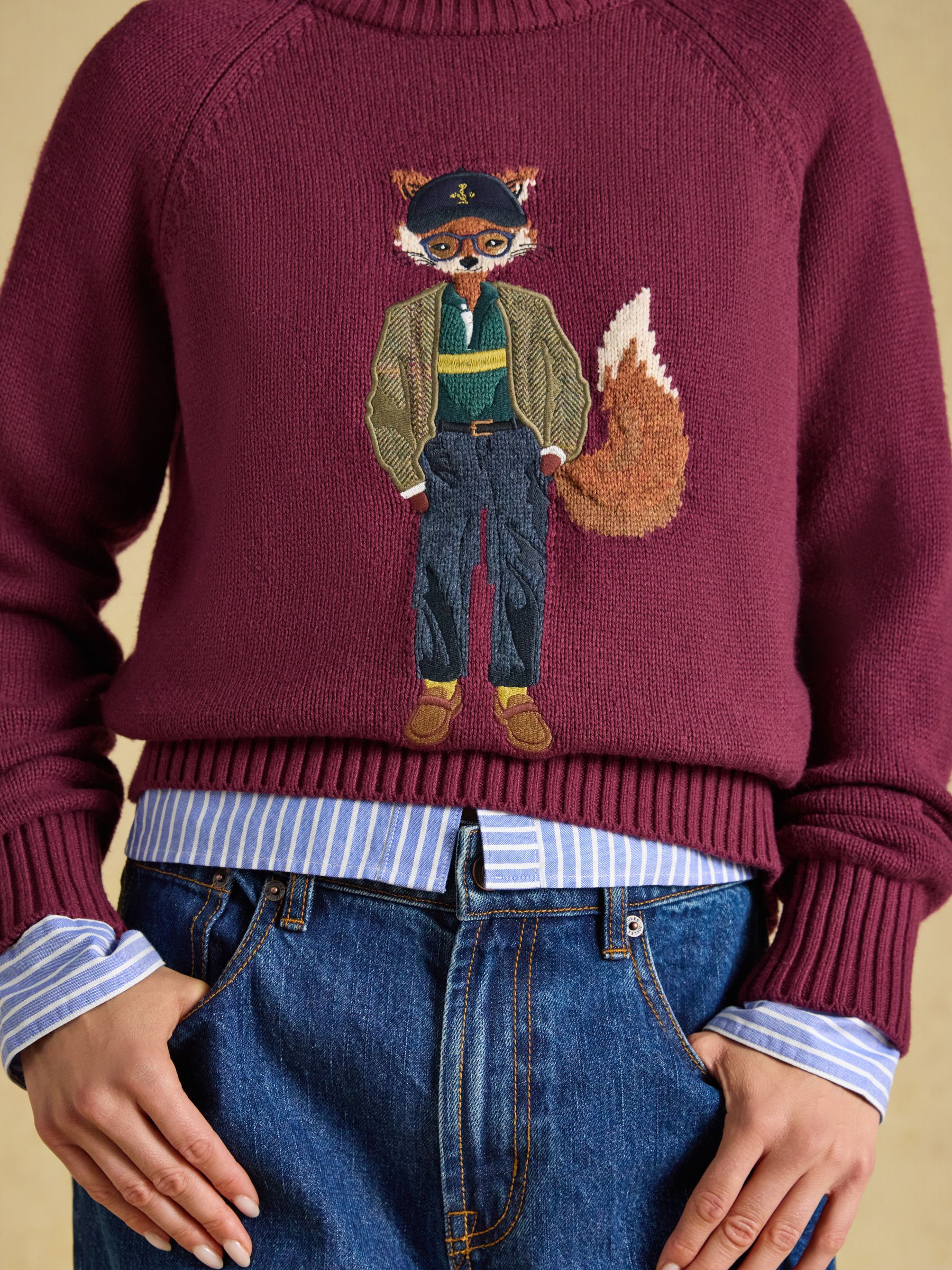Jonty Fox Burgundy Red Cotton Blend Crew Neck Knitted Jumper - Image 4 of 8
