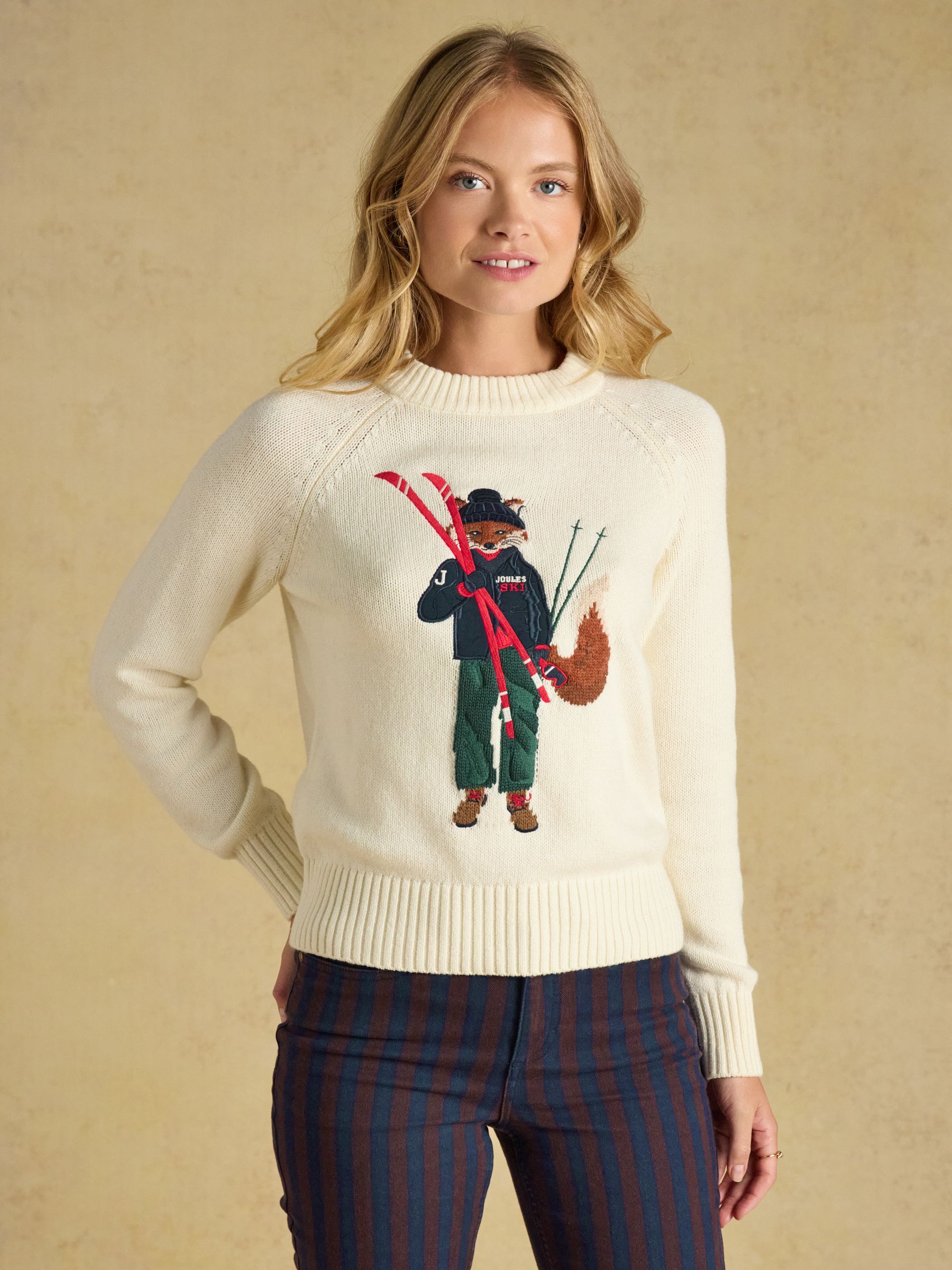 Jonty Fox Skiing Cream Cotton Blend Crew Neck Knitted Jumper - Image 1 of 7 Jonty Fox Skiing Cream Cotton Blend Crew Neck Knitted Jumper - Image 1 of 7