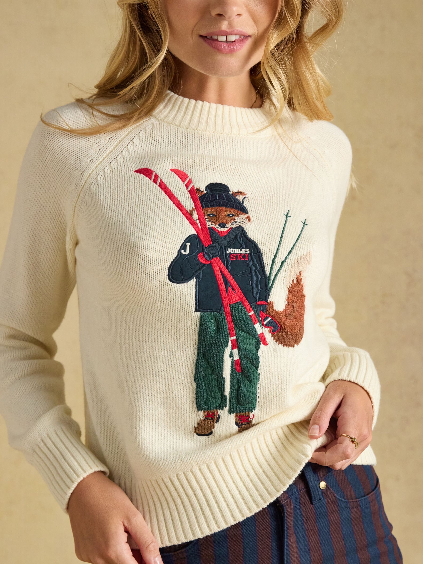 Jonty Fox Skiing Cream Cotton Blend Crew Neck Knitted Jumper - Image 5 of 7