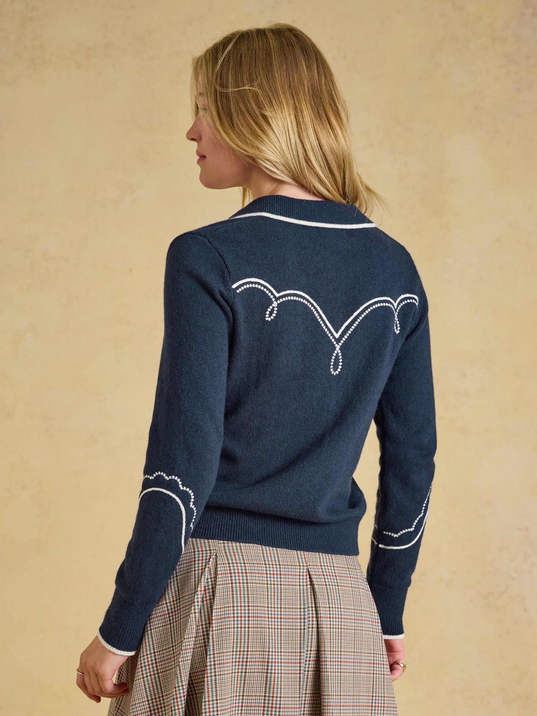Western Navy Embroidered Cotton Blend Collared Knitted Jumper - Image 2 of 8