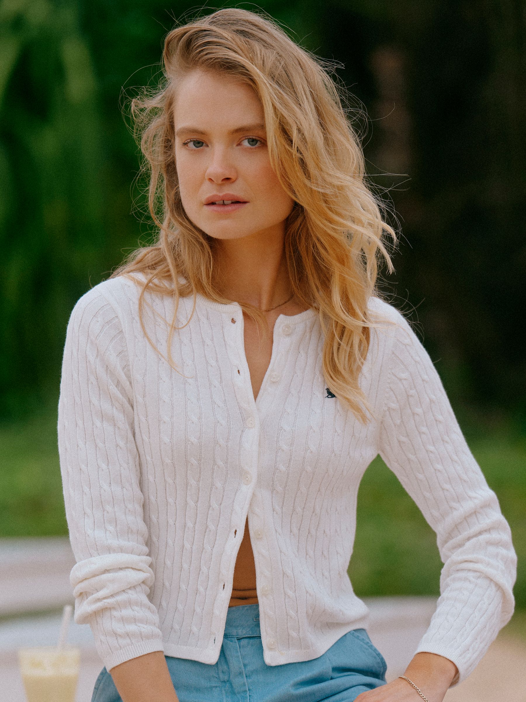 Cream Cotton Fine Cable Knit Cardigan - Image 1 of 13