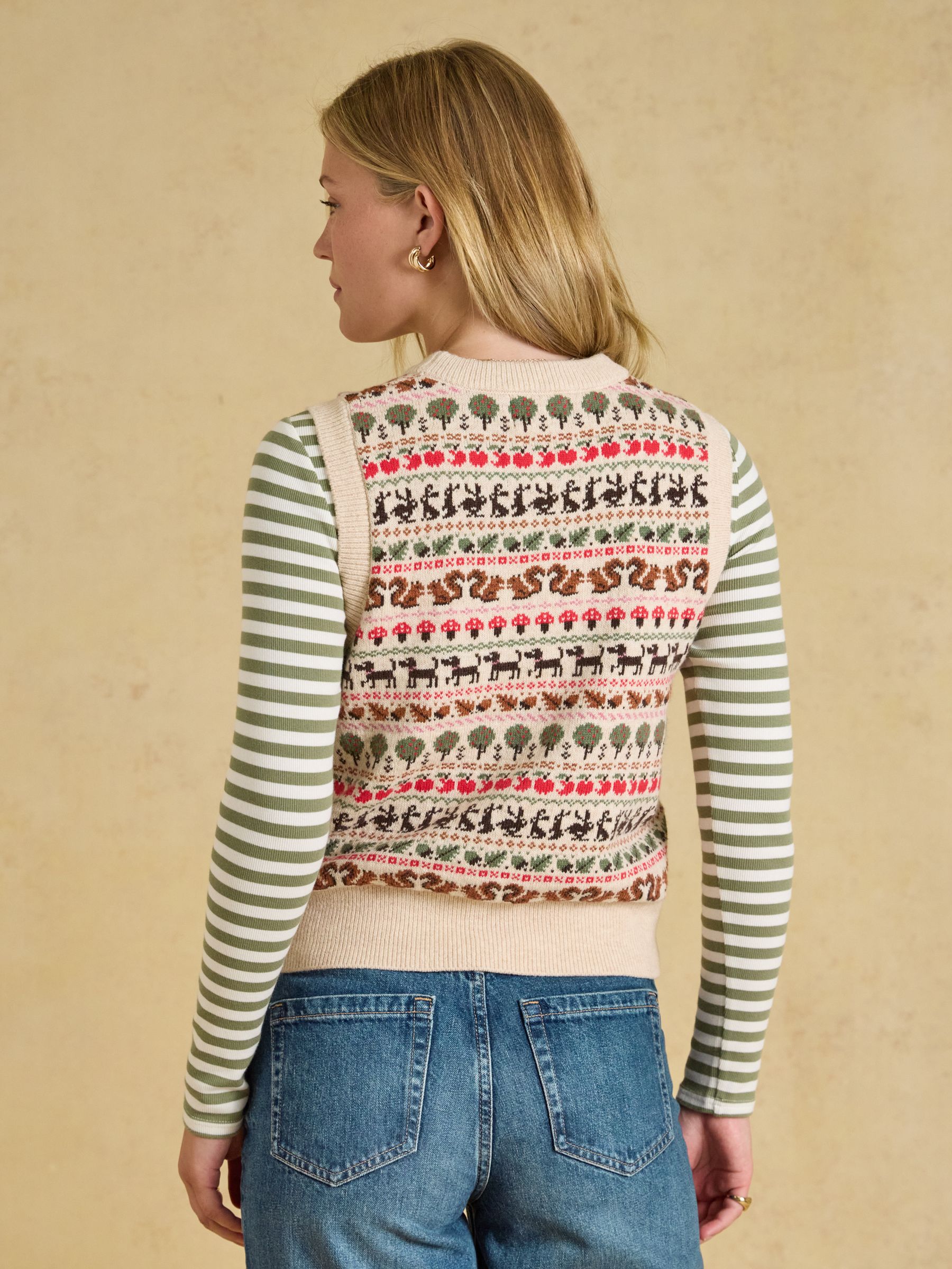 Orchard Pattern Oatmeal Cotton Blend Crew Neck Knitted Vest - Image 2 of 7 Orchard Pattern Oatmeal Cotton Blend Crew Neck Knitted Vest - Image 2 of 7