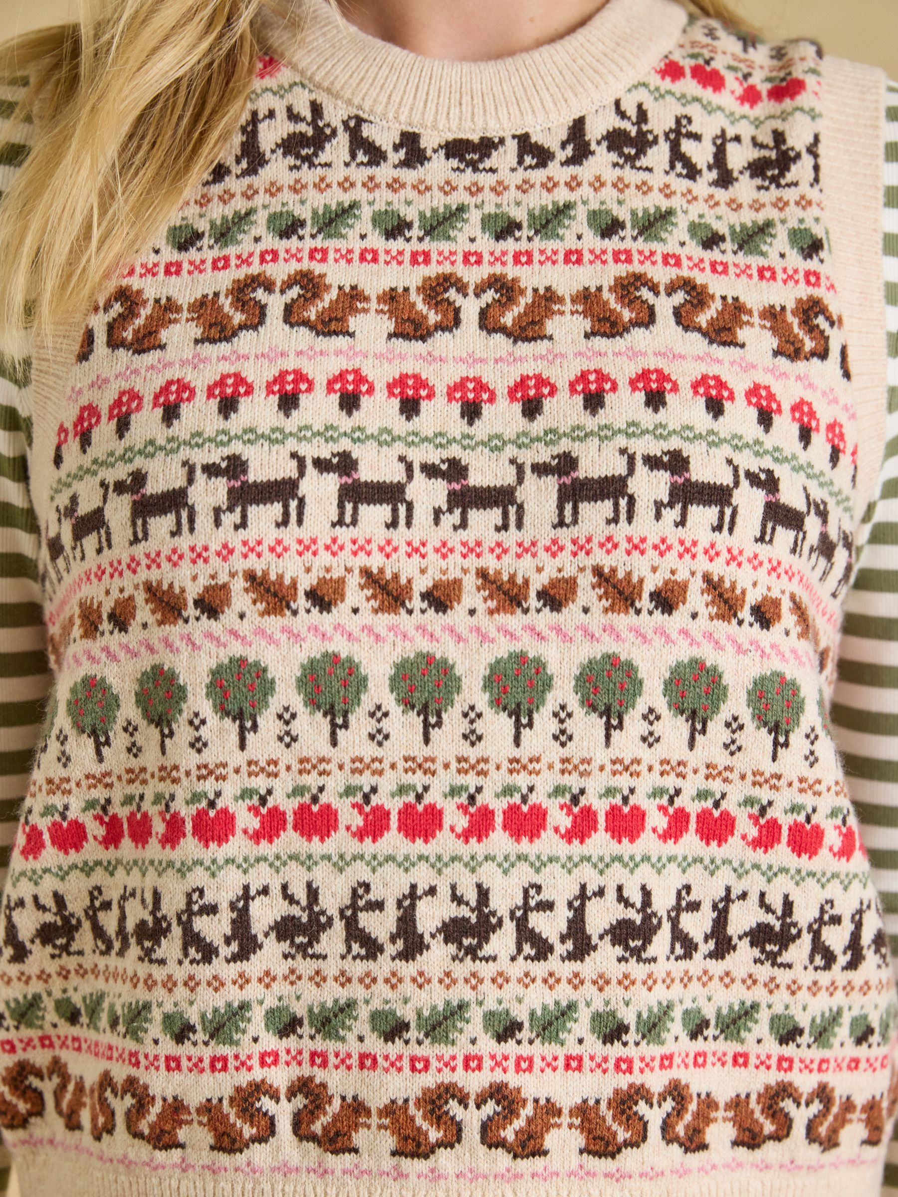 Orchard Pattern Oatmeal Cotton Blend Crew Neck Knitted Vest - Image 4 of 7