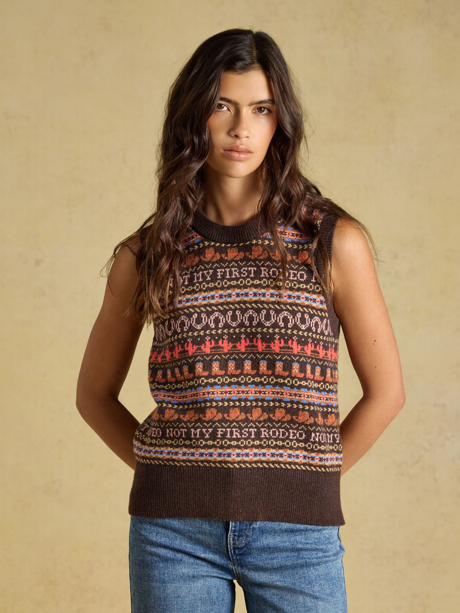 Orchard Pattern Chocolate Brown Cotton Blend Crew Neck Knitted Vest - Image 1 of 9