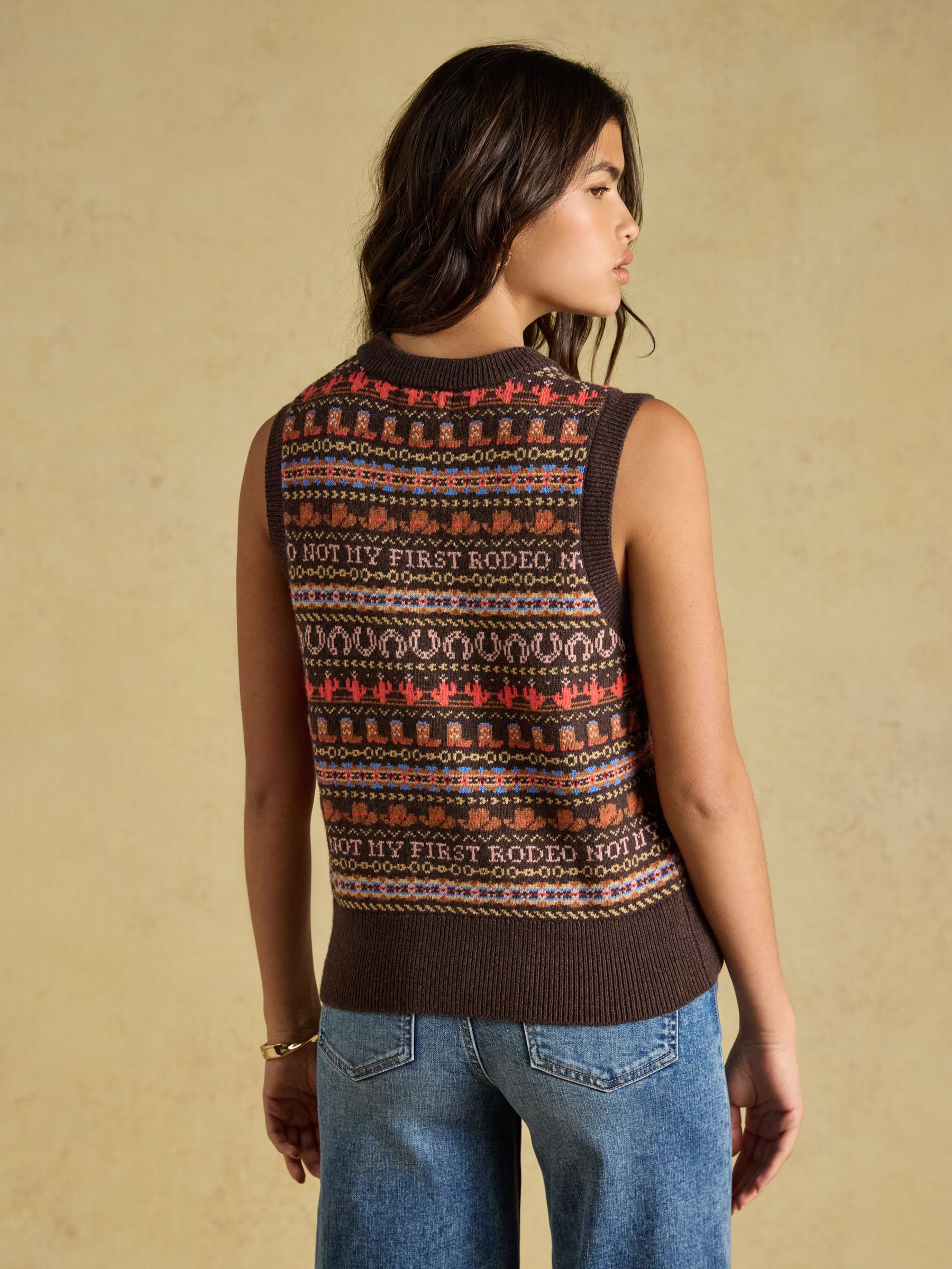 Orchard Pattern Chocolate Brown Cotton Blend Crew Neck Knitted Vest - Image 2 of 9 Orchard Pattern Chocolate Brown Cotton Blend Crew Neck Knitted Vest - Image 2 of 9