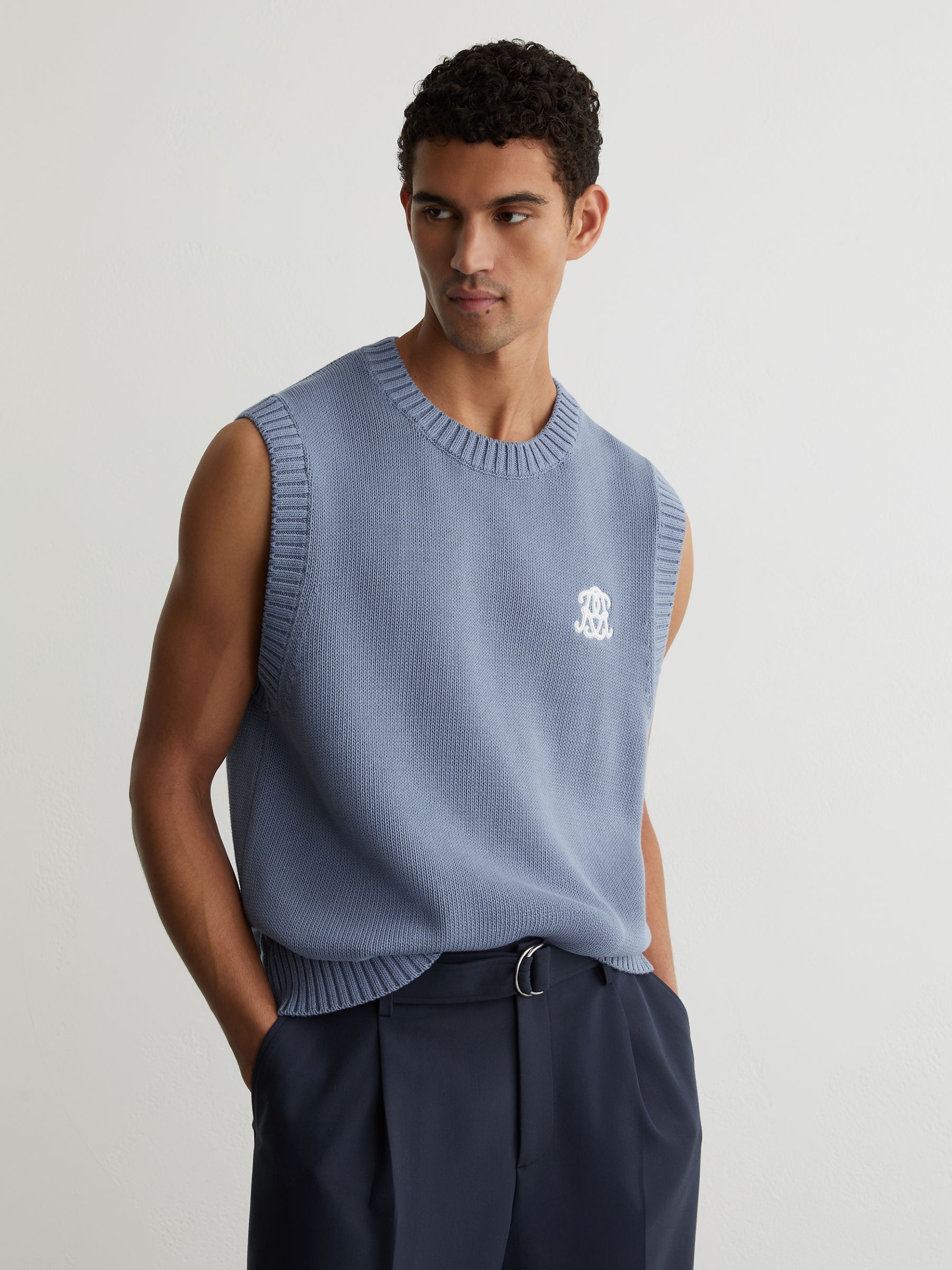 Monogram Embroidered Relaxed Knit Vest in Powder Blue - image 2