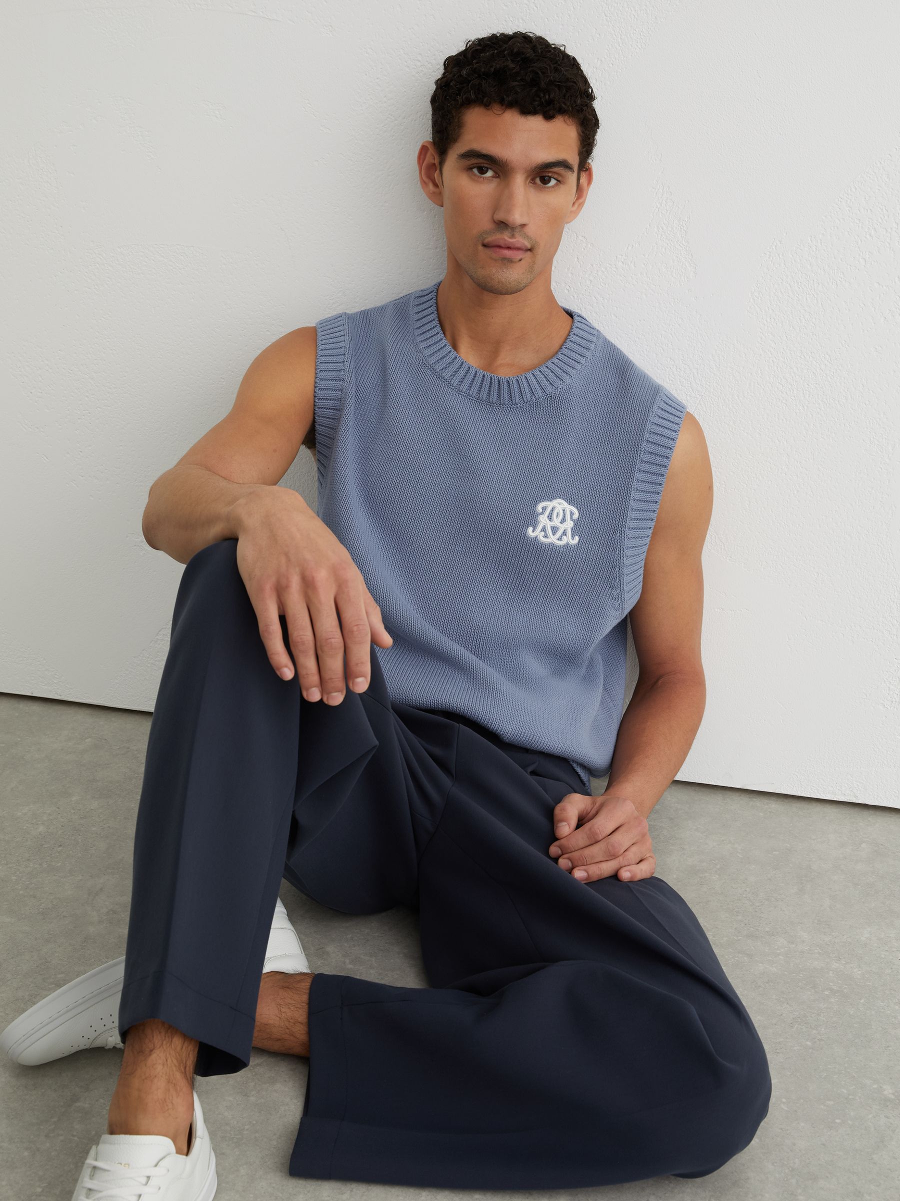 Monogram Embroidered Relaxed Knit Vest in Powder Blue - image 4