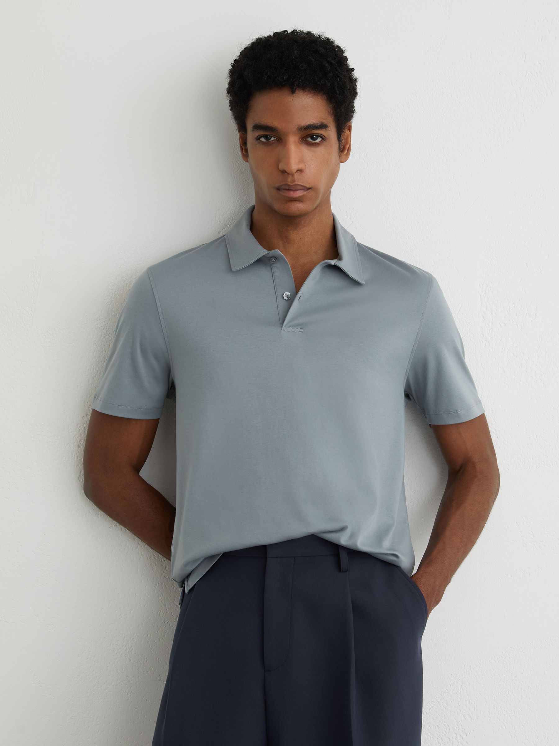 Air-Water Cotton Polo Shirt in Steel Blue - Image 1 of 6