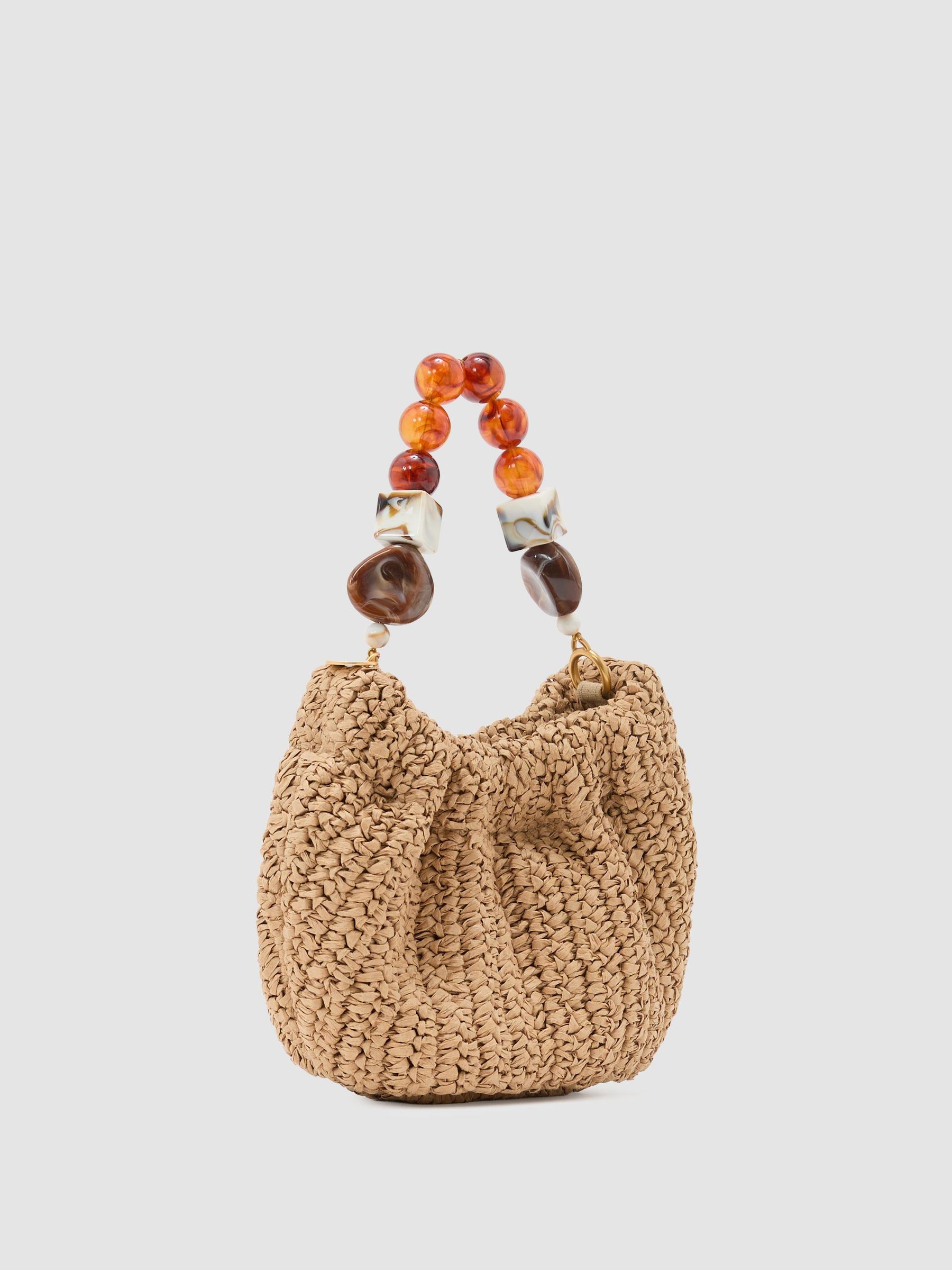 Raffia-Effect Beaded-Handle Pouch Bag in Natural - image 2