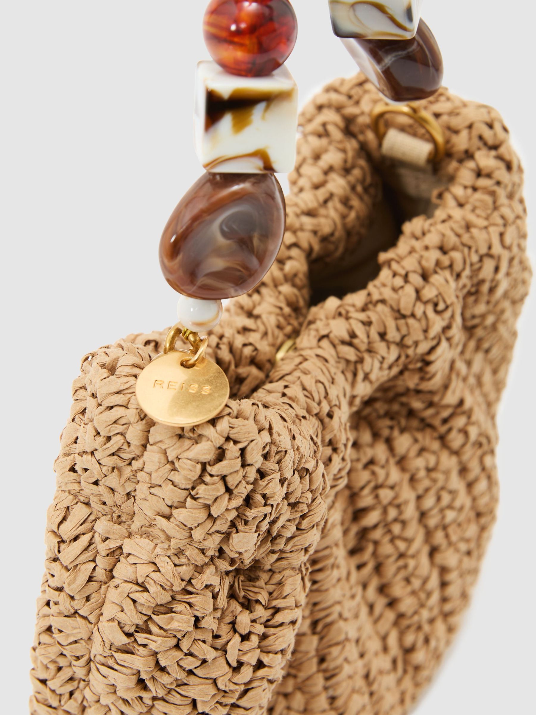 Raffia-Effect Beaded-Handle Pouch Bag in Natural - image 3