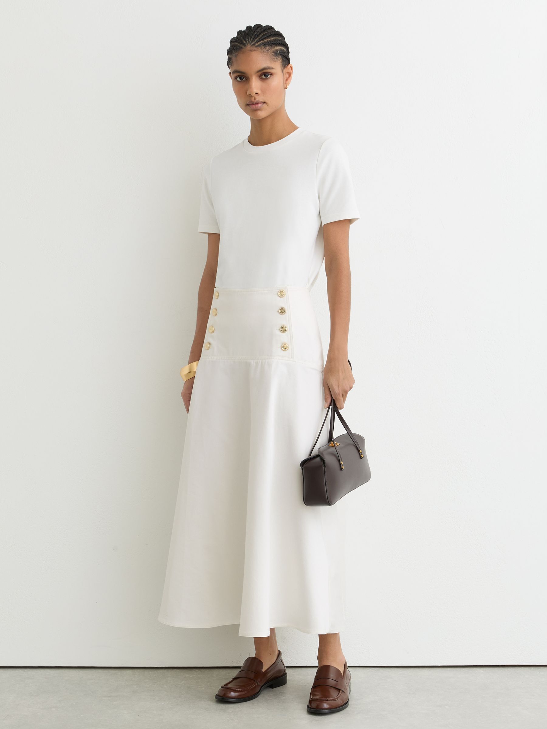 Cotton Button-Detail Midi Skirt in Ivory - Image 1 of 7