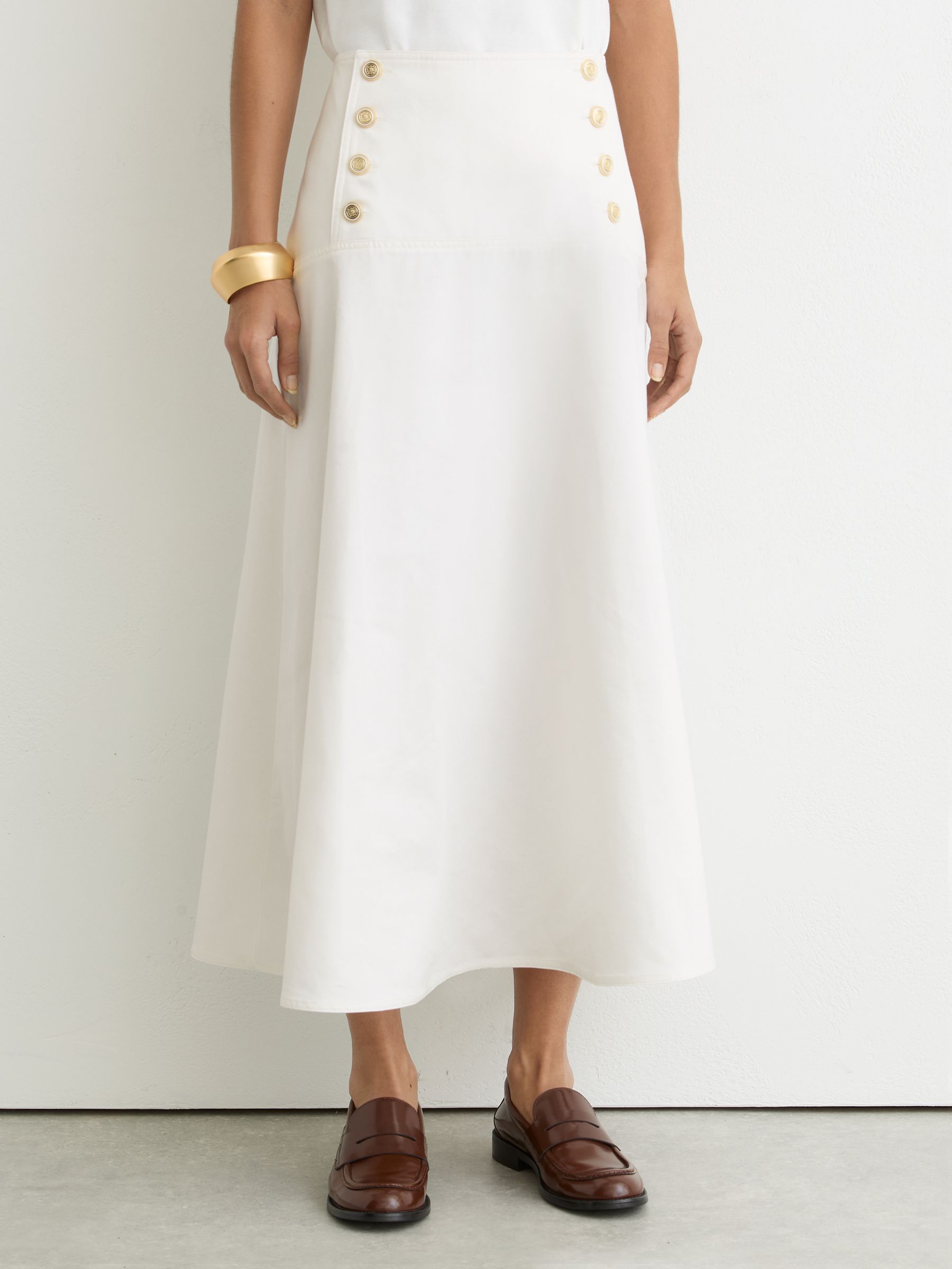 Cotton Button-Detail Midi Skirt in Ivory - image 3