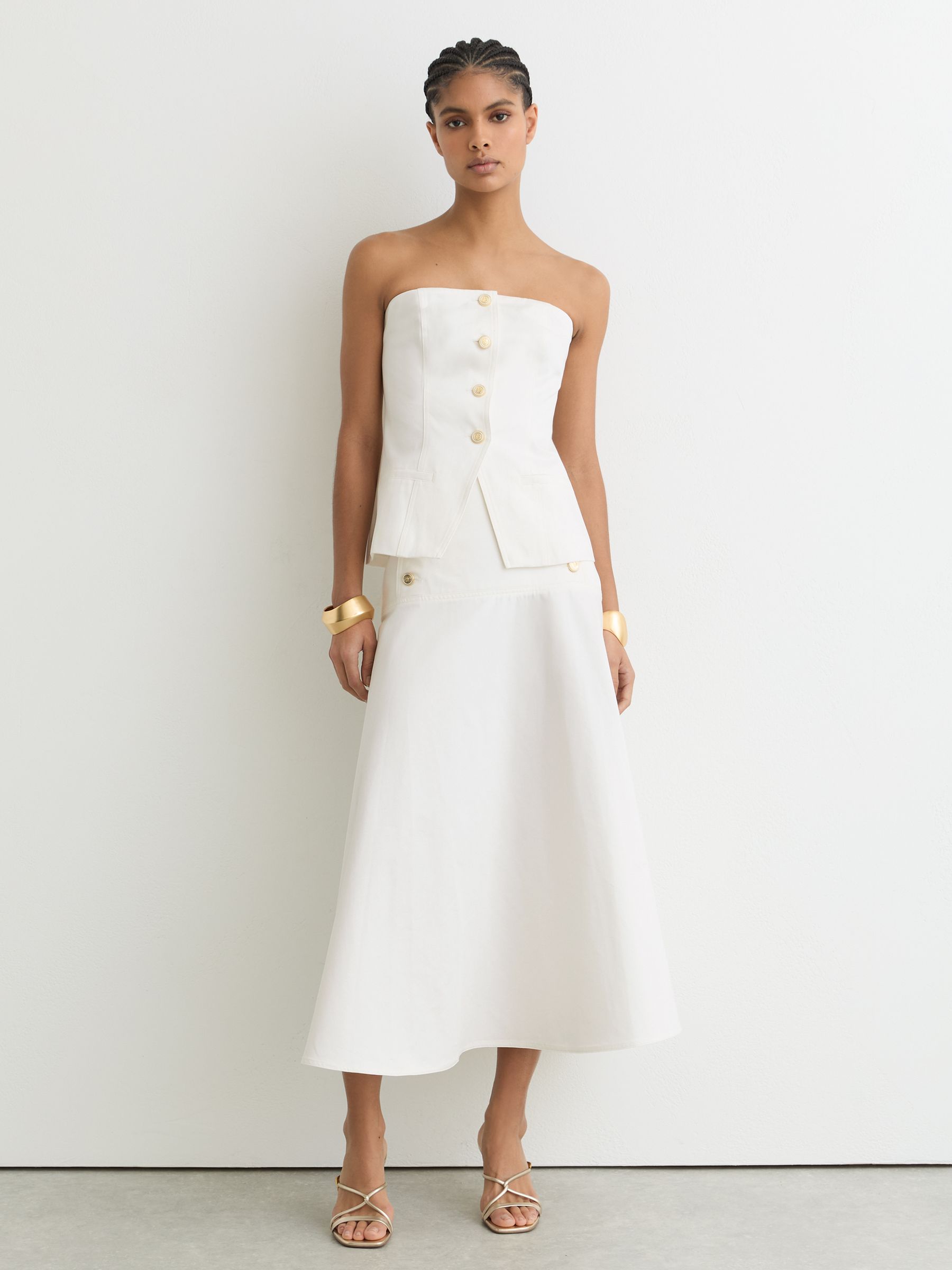 Cotton Button-Detail Midi Skirt in Ivory - Image 6 of 7