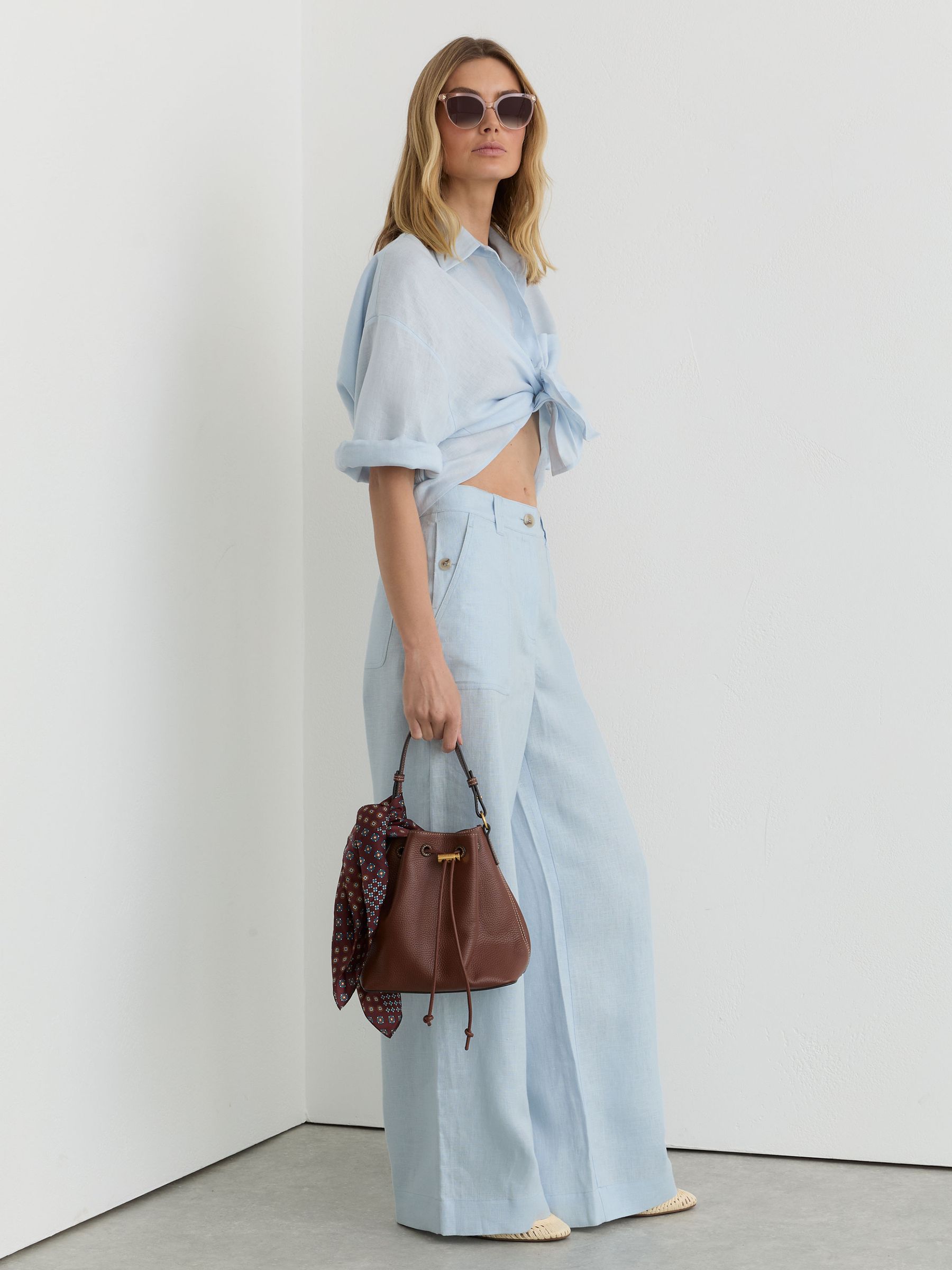 Petite Linen Wide-Leg Trousers in Dusty Blue - Image 1 of 8