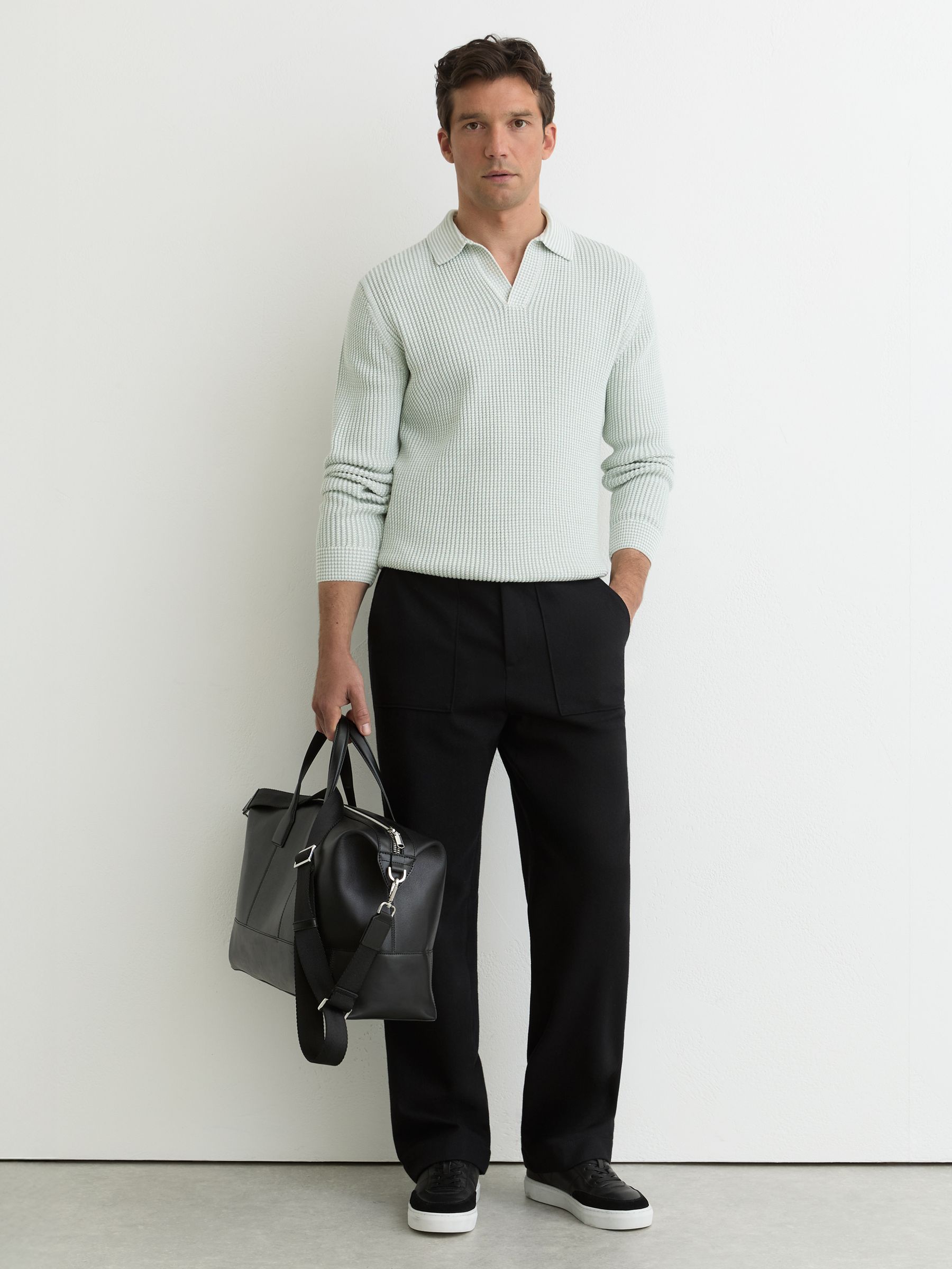 Cotton-Blend Textured-Knit Polo Jumper in Soft Sage/White - Image 1 of 6