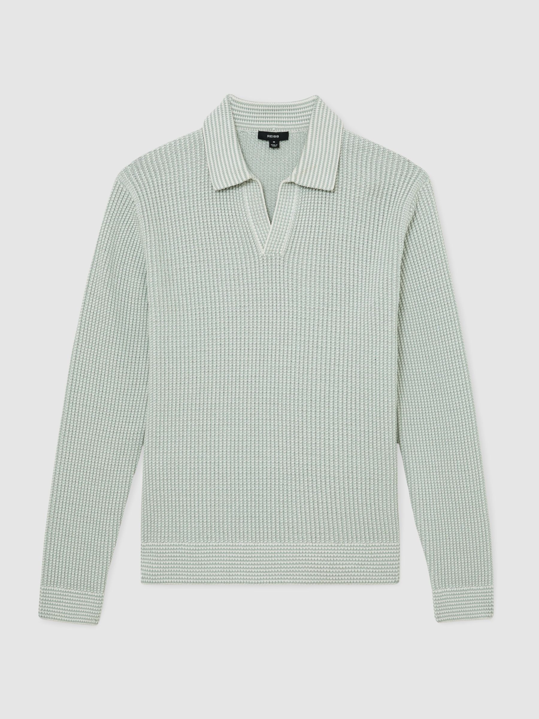 Cotton-Blend Textured-Knit Polo Jumper in Soft Sage/White - image 1