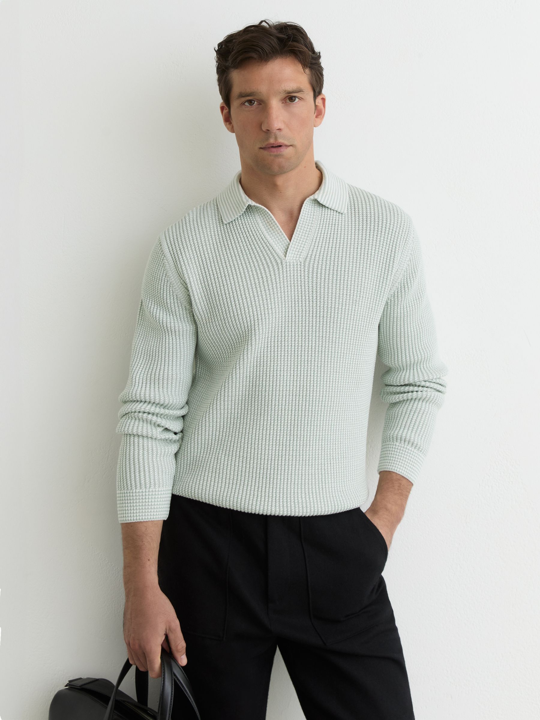 Cotton-Blend Textured-Knit Polo Jumper in Soft Sage/White - Image 3 of 6
