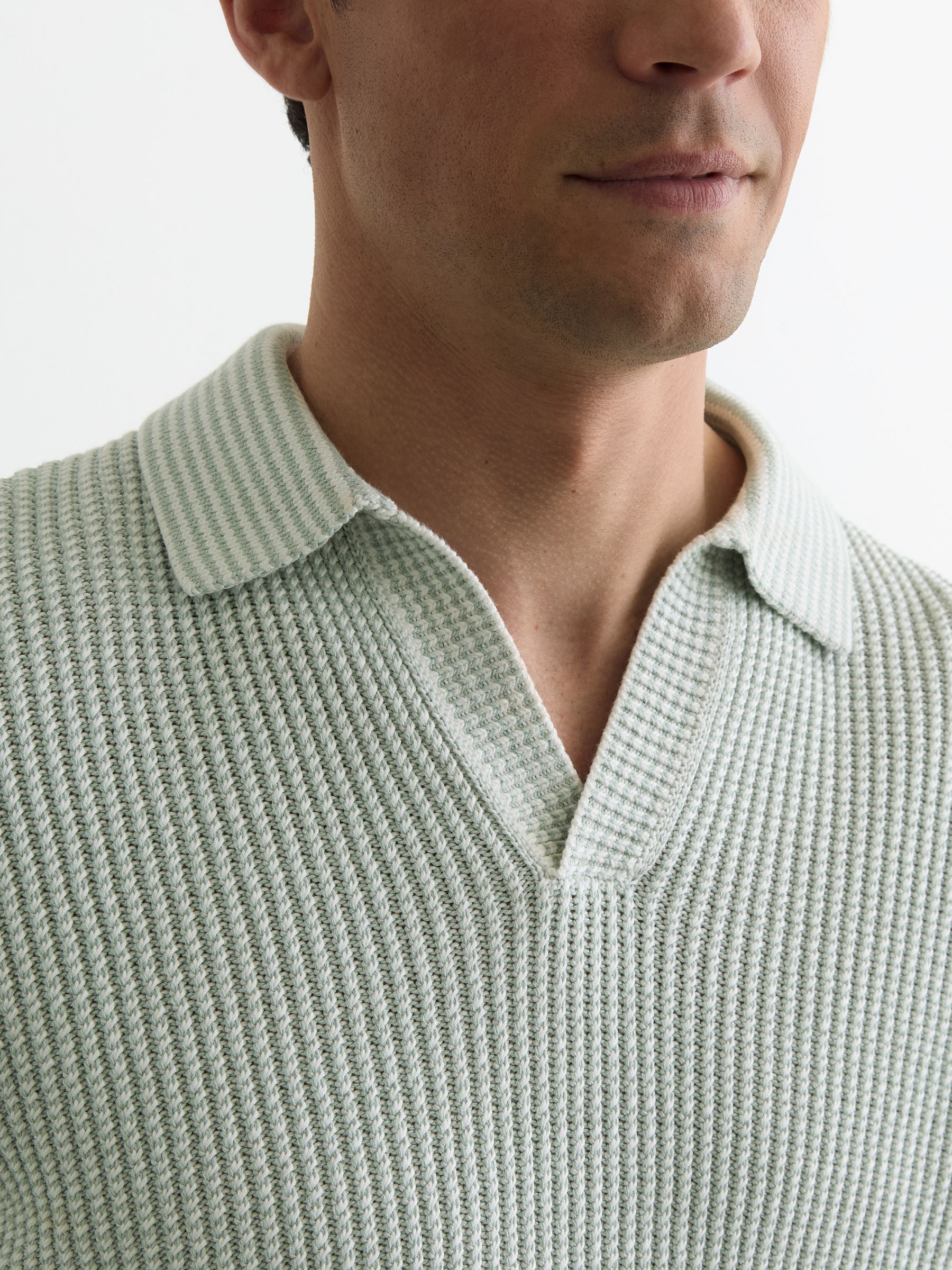 Cotton-Blend Textured-Knit Polo Jumper in Soft Sage/White - Image 4 of 6