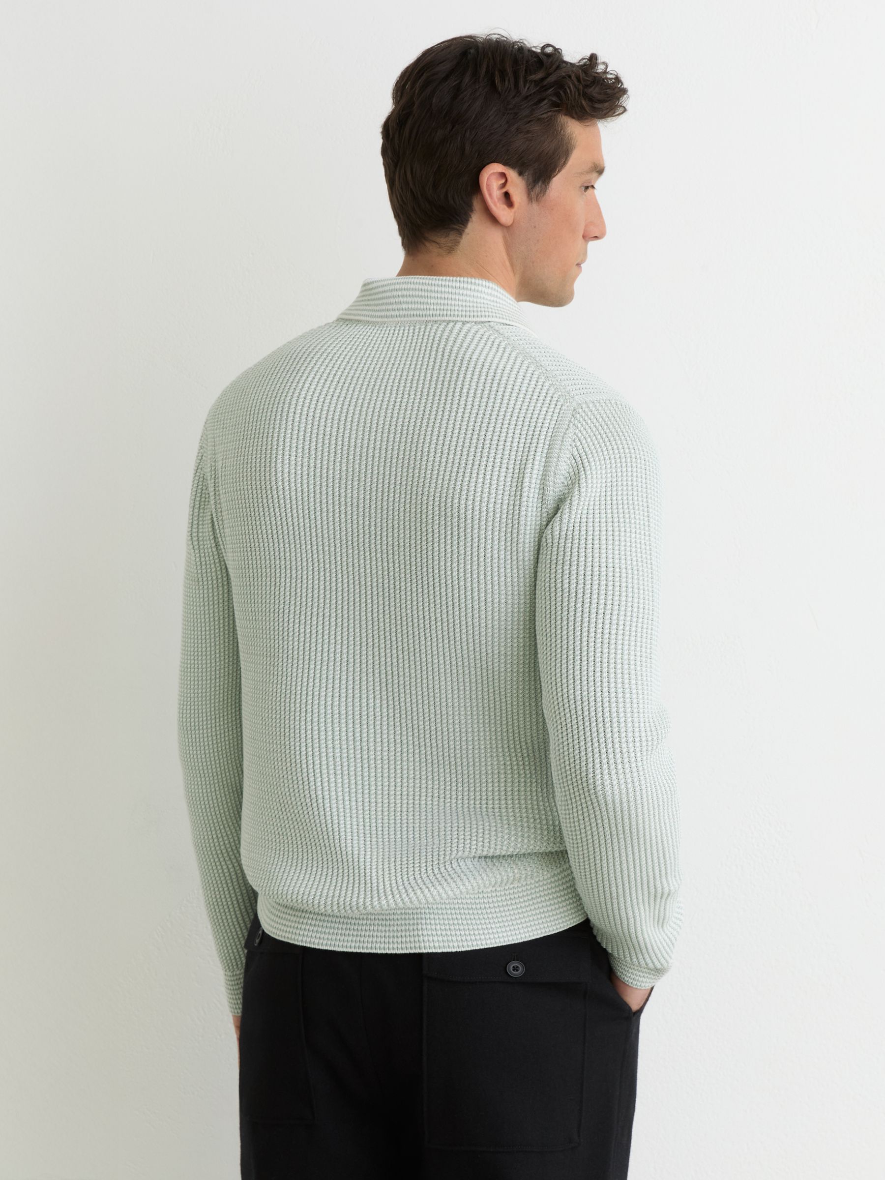 Cotton-Blend Textured-Knit Polo Jumper in Soft Sage/White - image 4