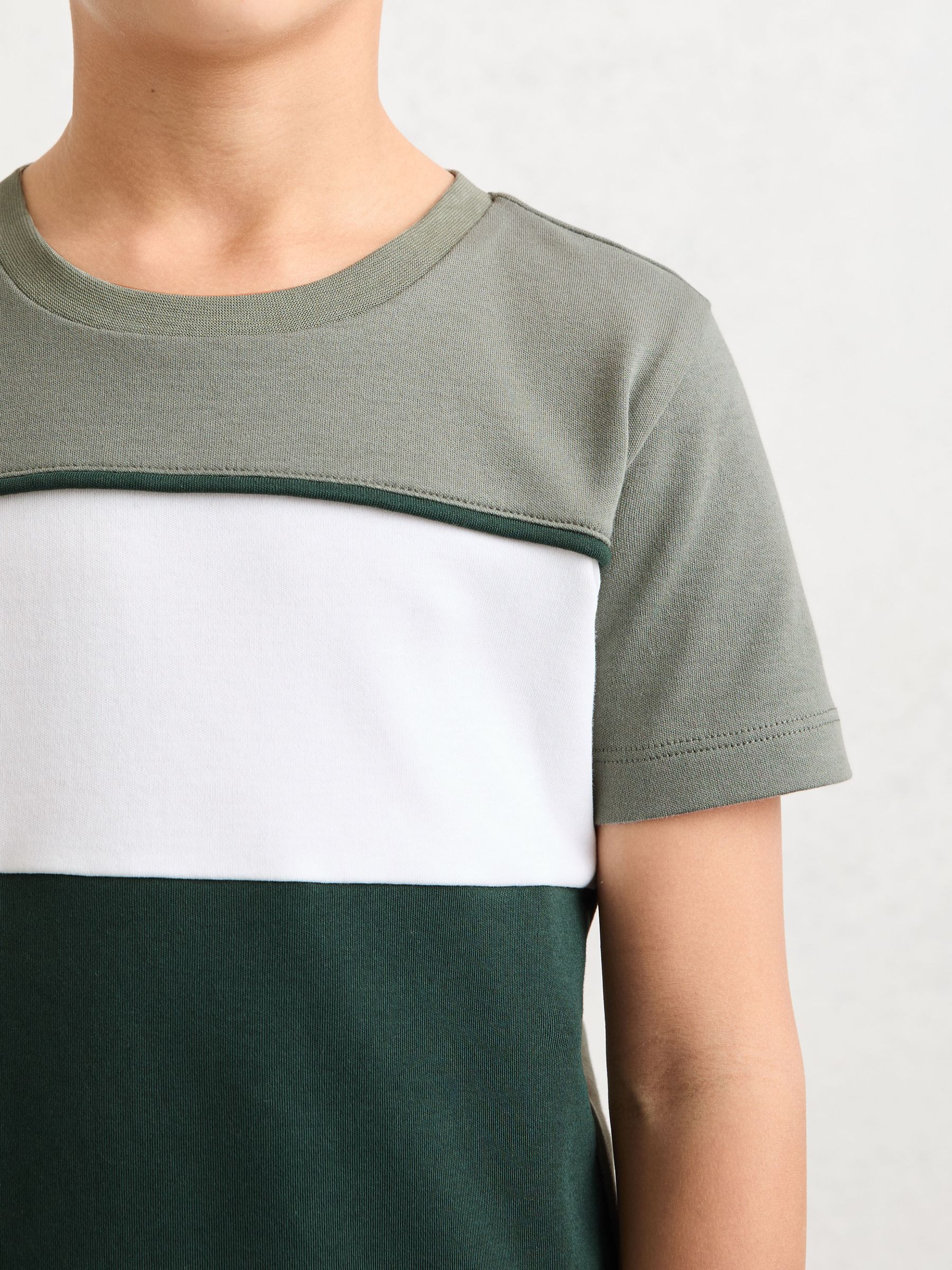 Cotton Colour-Block T-Shirt in Dark Green/Sage/Off White - Image 1 de 4