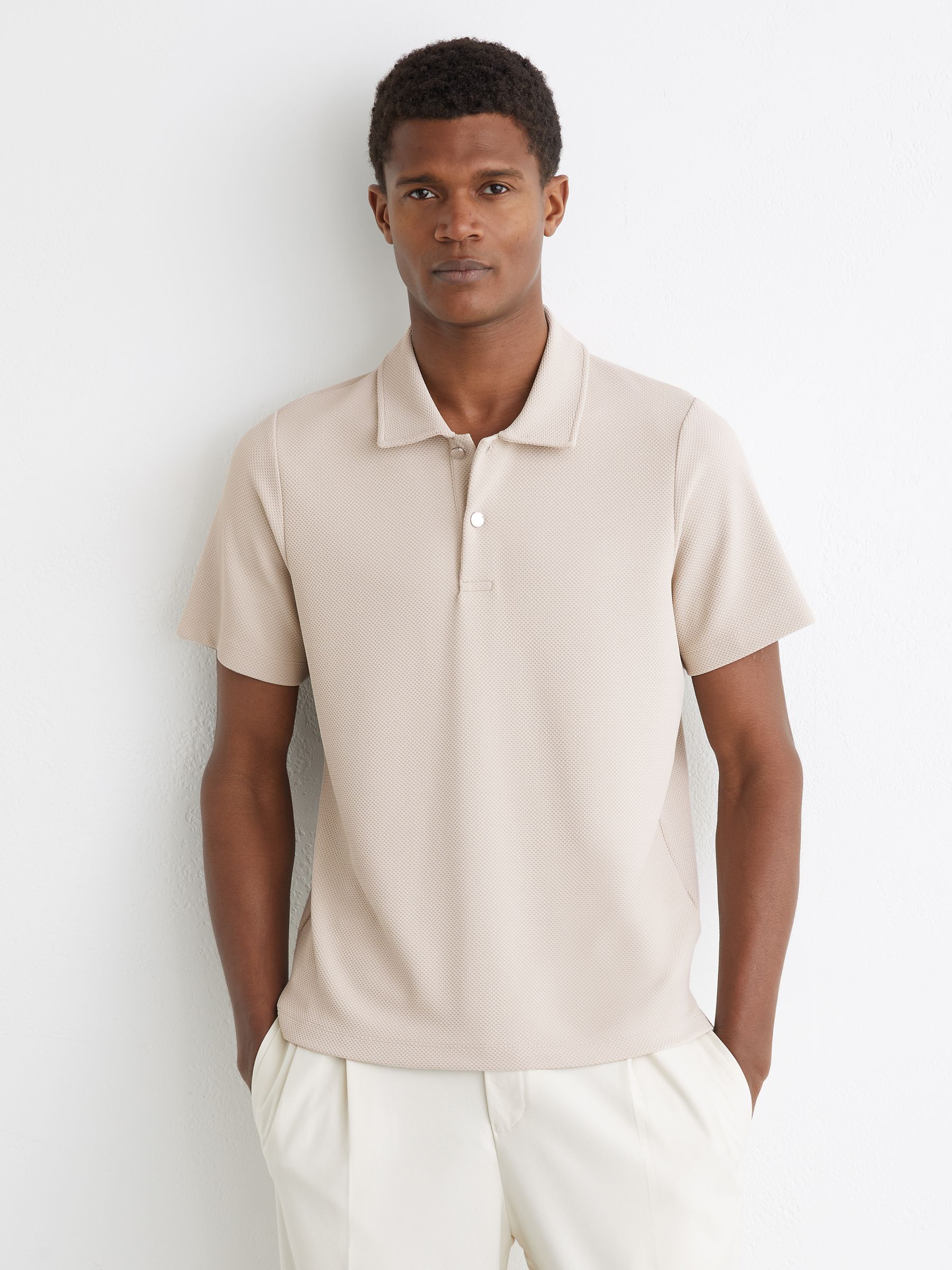 Textured Half-Button Polo Shirt in Stone - image 2