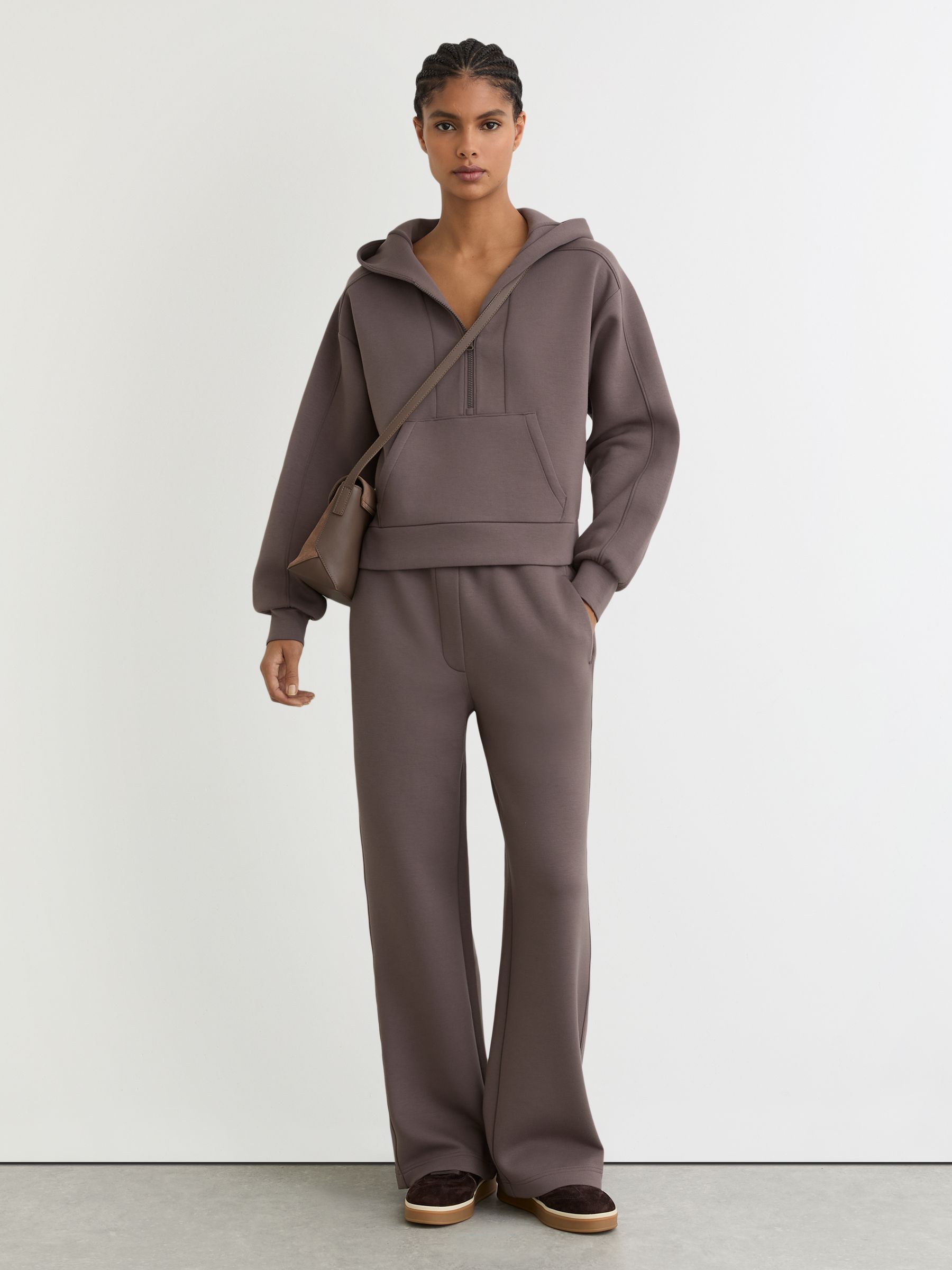 Premium Interlock Half-Zip Hoodie in Taupe Brown - Image 3 of 8