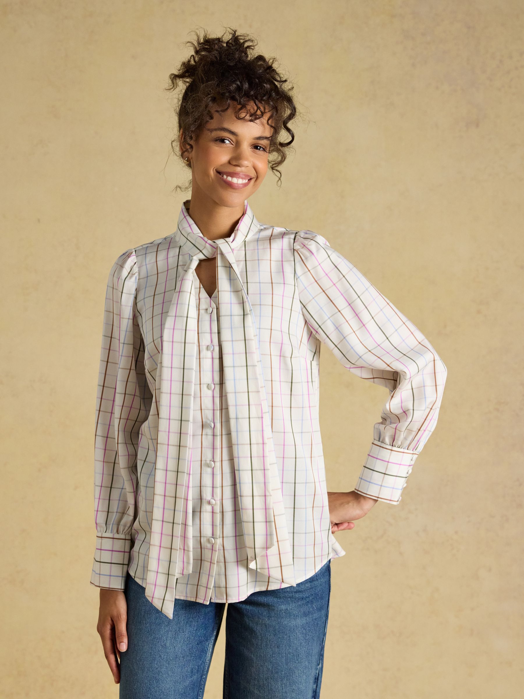 Tabby Cream Tattersall Check Tie Neck Blouse - Image 1 of 9