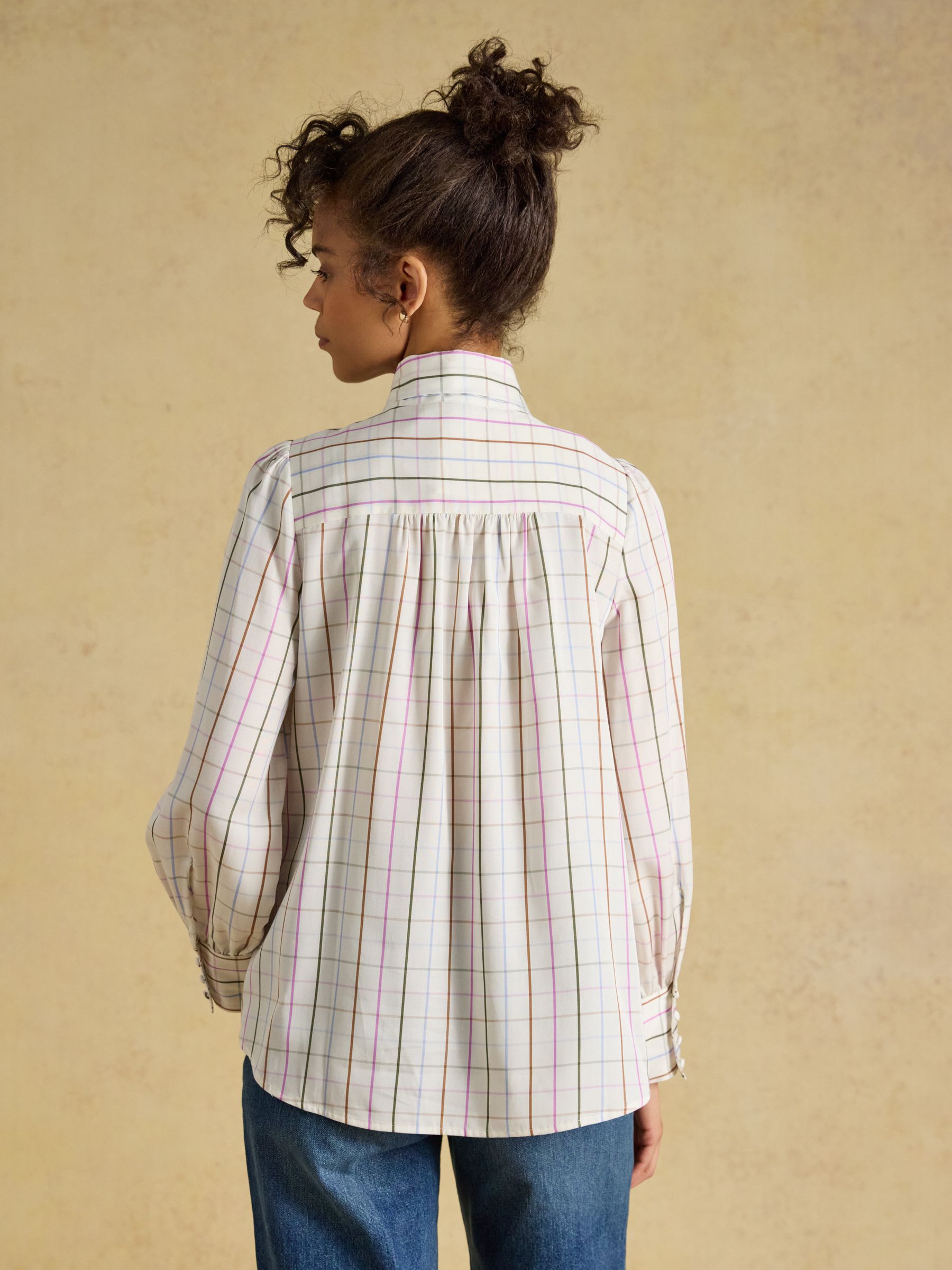Tabby Cream Tattersall Check Tie Neck Blouse - Image 2 of 9