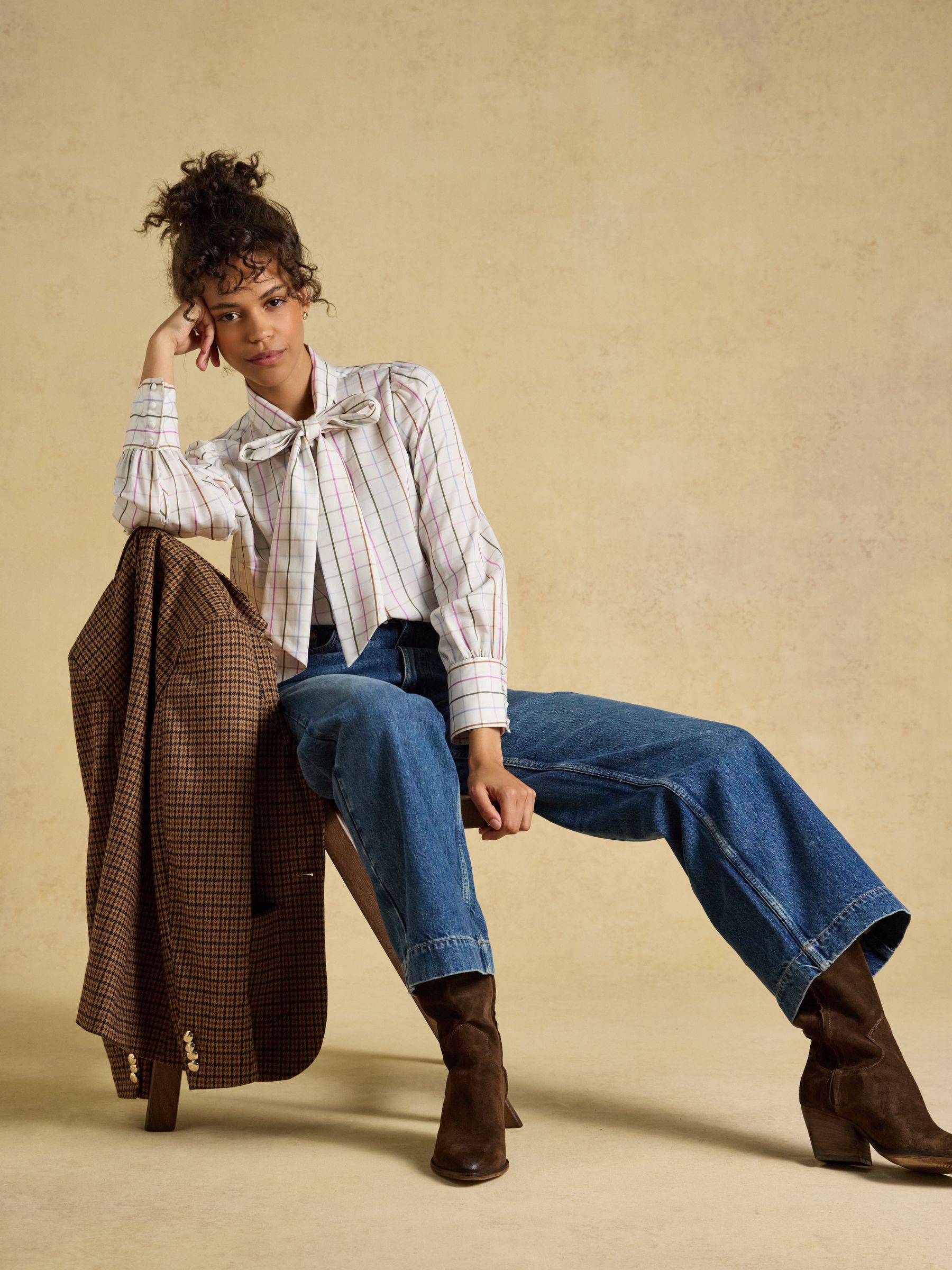 Tabby Cream Tattersall Check Tie Neck Blouse - Image 4 of 9
