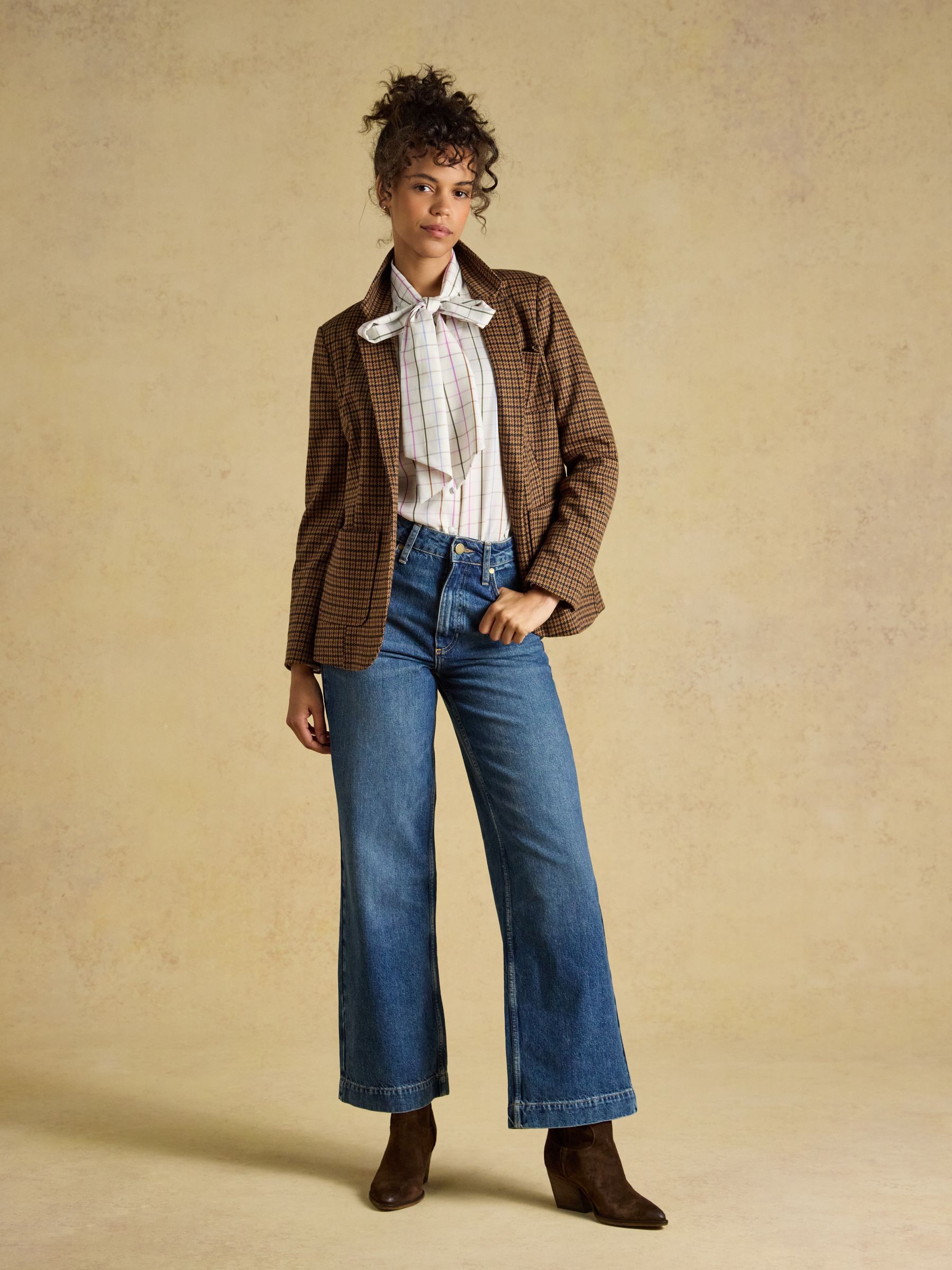 Tabby Cream Tattersall Check Tie Neck Blouse - Image 6 of 9