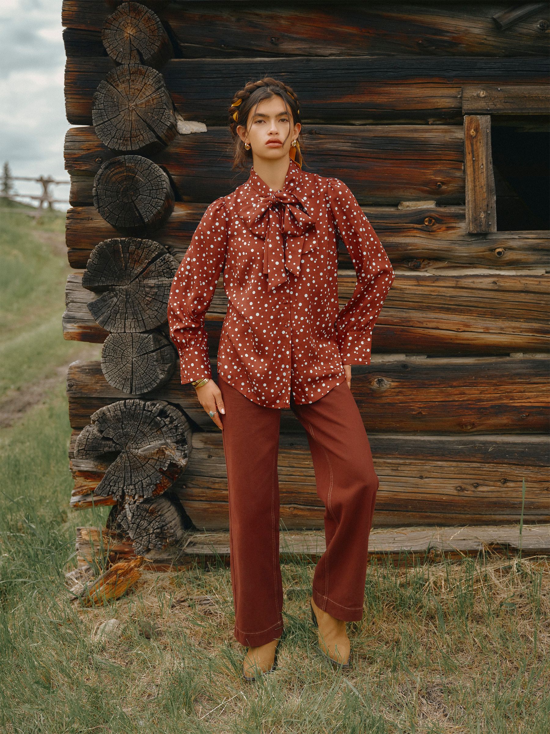 Tabby Blue/Brown Spot Tie Neck Blouse - Image 2 of 10