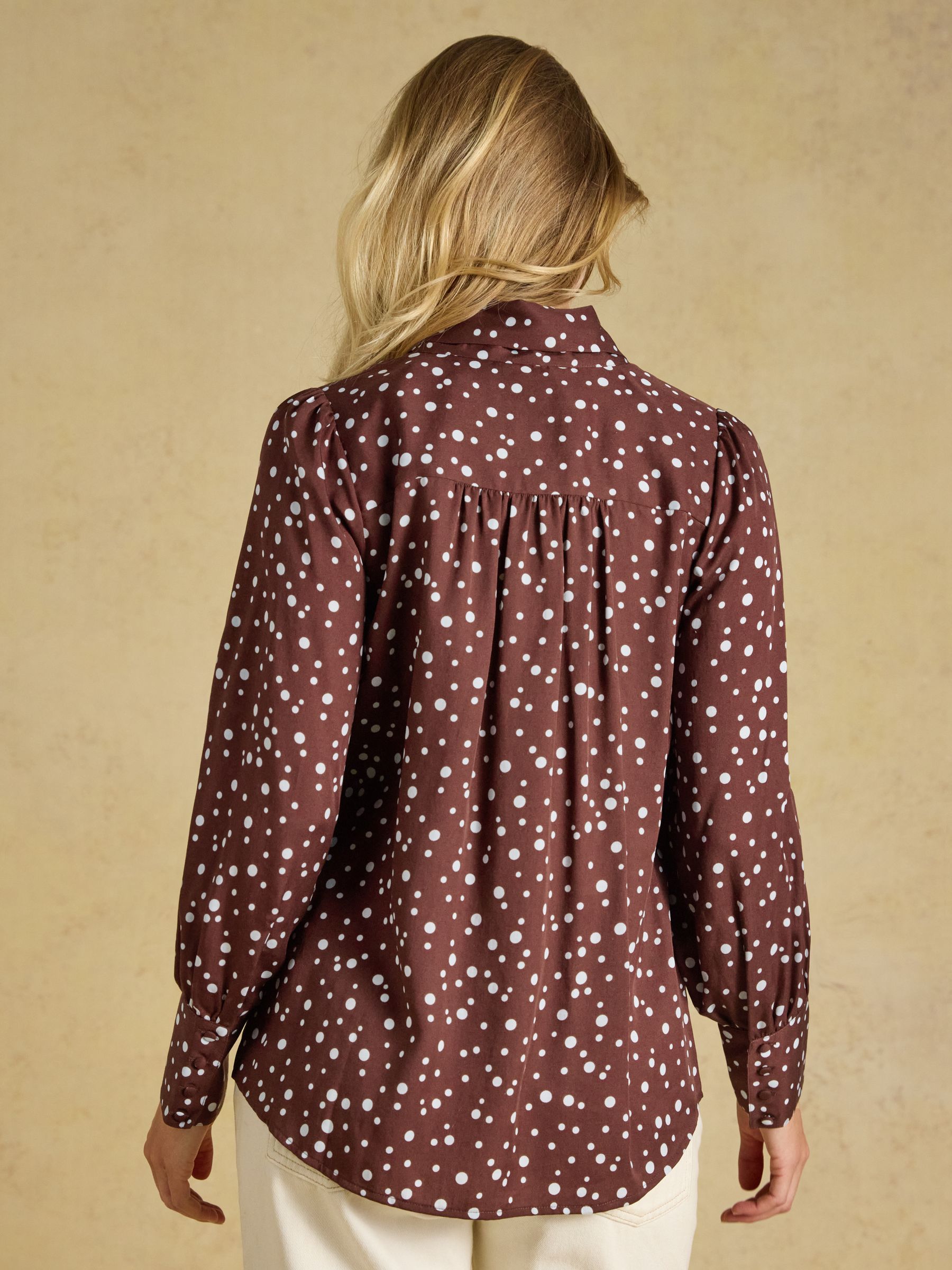 Tabby Blue/Brown Spot Tie Neck Blouse - Image 4 of 10